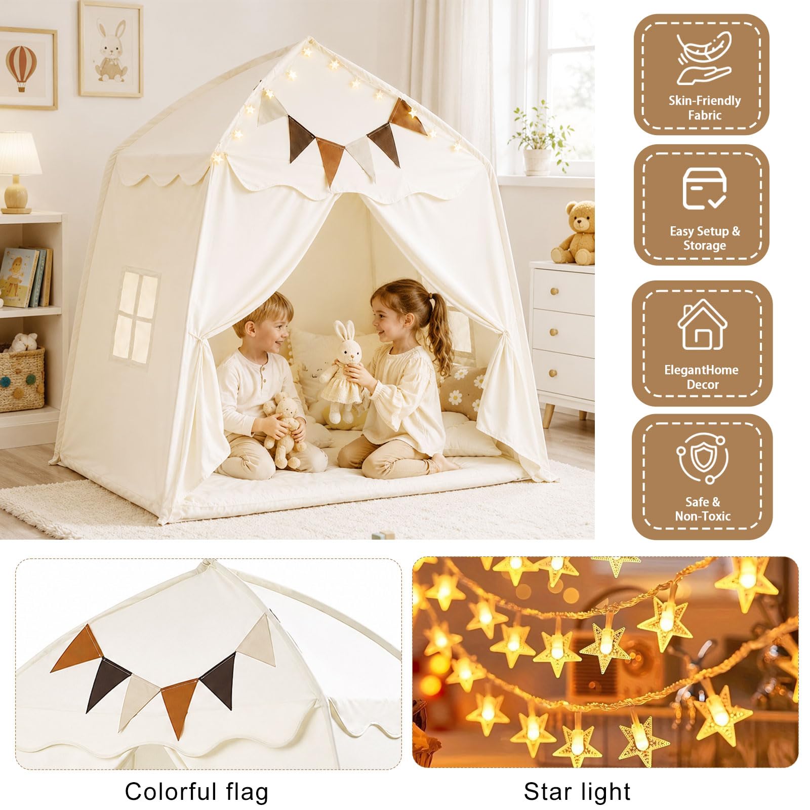Kinderzelt Indoor, Spielzelt mit Flaggen & Lichterketten, Tipi Zelt Kinderzimmer, Spielhaus Kinder, Tragbares und Faltbares Tipi, Spielzelt Prinzessin Zelt für Mädchen Jungen (Beige)