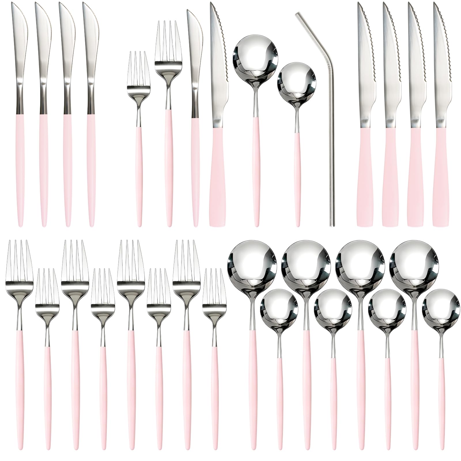 Astercook Silverware Set with Steak Knives 24-Piece Flatware Set for 4 Food-Grade Stainless Steel Pink Cutlery Set Mirror Polished Utensils Set Include Spoons and Forks for Home Kitchen Restaurant
