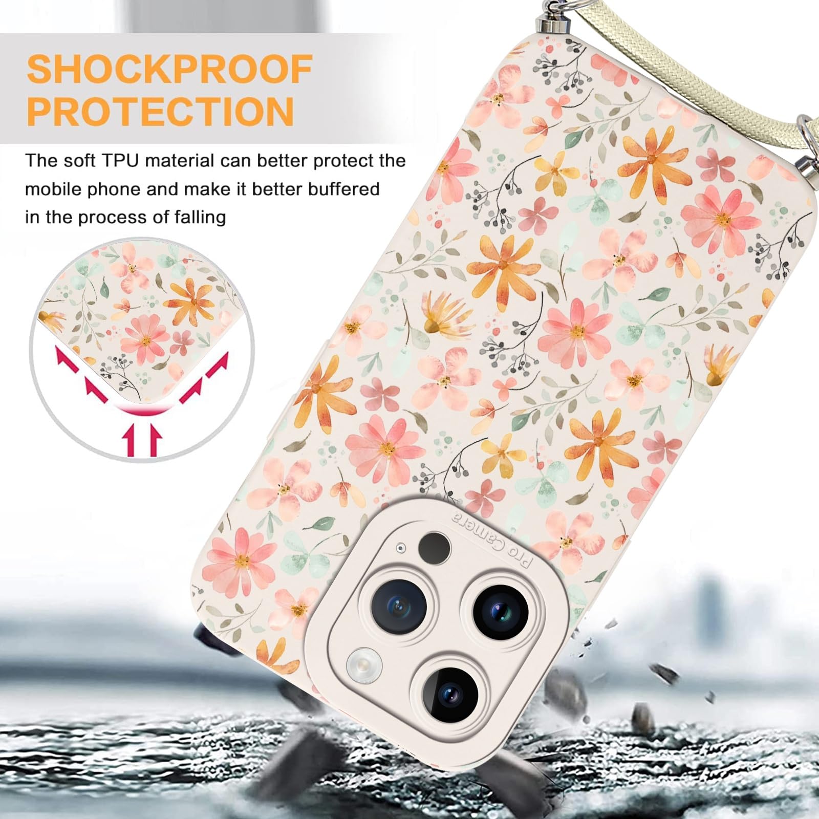 Yirlbey Trasparente Cover con Cordino per iPhone 12/iPhone 12 Pro, Aesthetic Fiore Onde Motivo Disegni Case, Sottile Silicone Custodia con Tracolla Collana Catena Antiurto per iPhone12 6,1,Summer