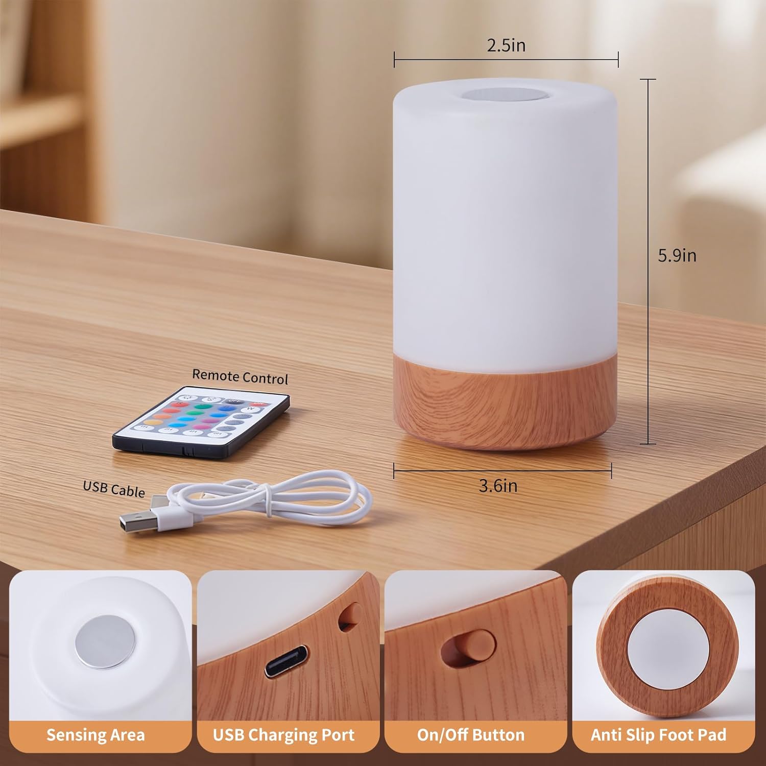 Night Light, Touch Bedside Table Lamp, Remote Control Dimmable Desk Lamp with RGB Color Changing, Portable Table Bedside Lamps for Bedroom, Living Room