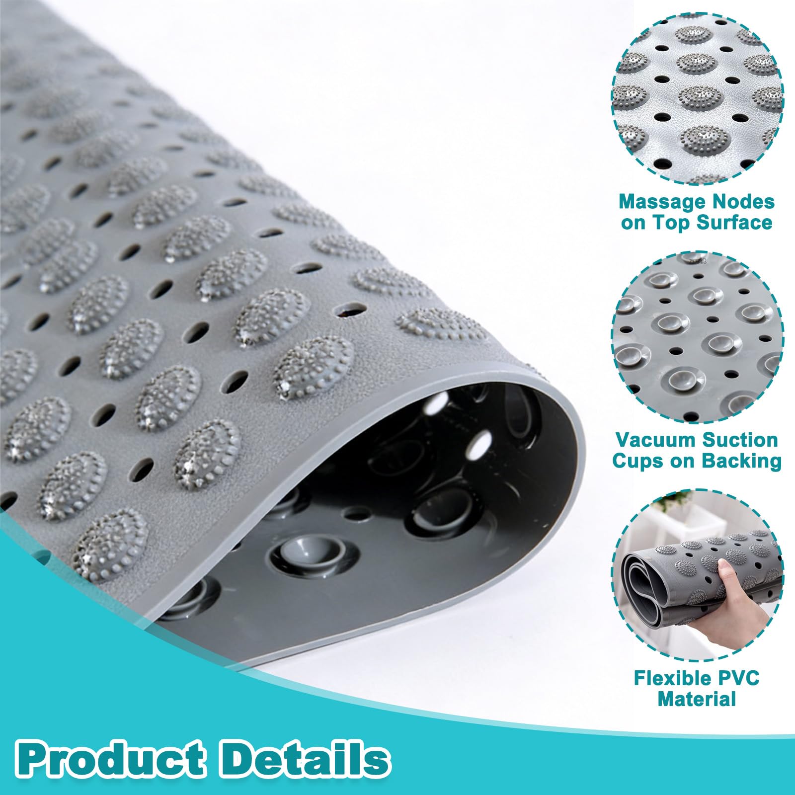 Alfombrilla Ducha Antideslizante con Ventosas y Agujeros Drenaje y 5 Ganchos, Alfombra Ducha PVC 80x120cm, Esterilla Masaje Bañera Baño Cuadrada Lavable Máquina para Saunas y Duchas Zonas Húmedas