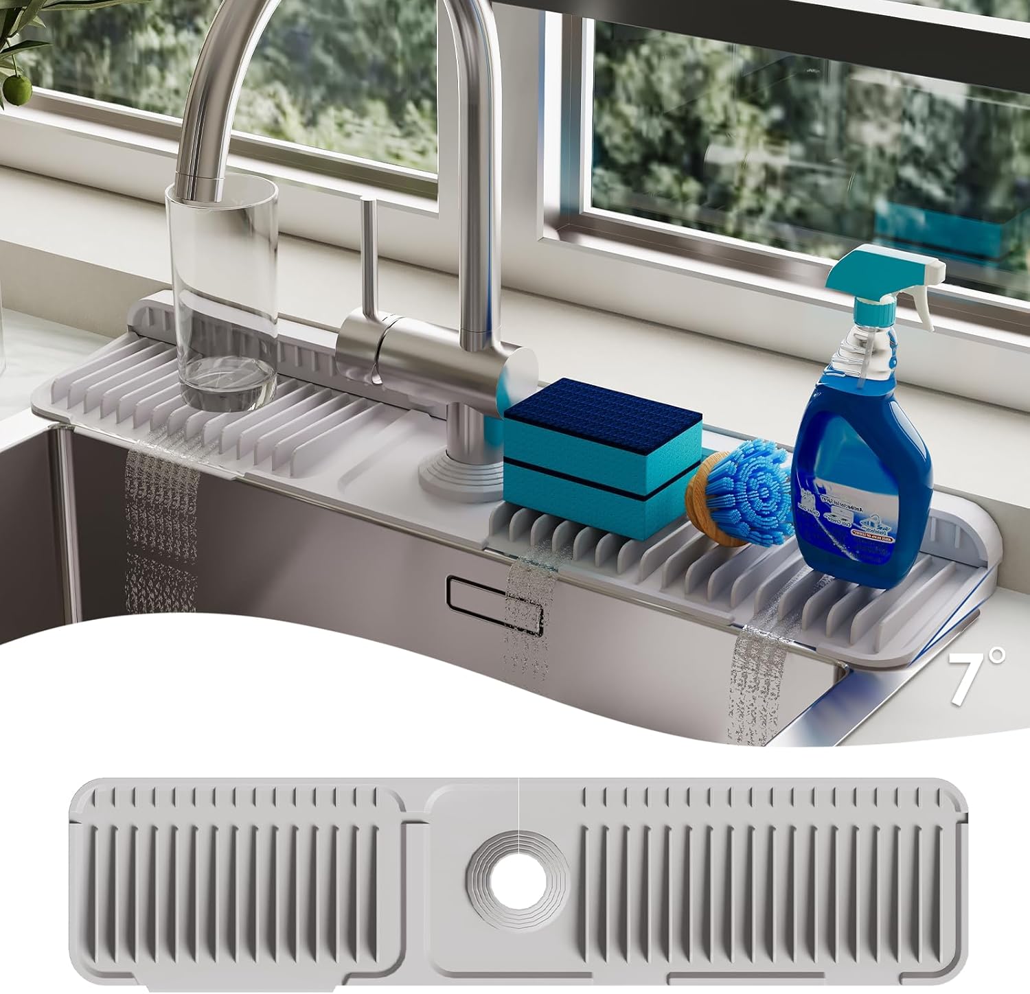 24 Inch Silicone Faucet Mat for Kitchen Sink Splash Guard - 7° Slope Upgraded Water Draining Mat with Fasten Button for Bathroom Area (Gray, 24''x5.5'')