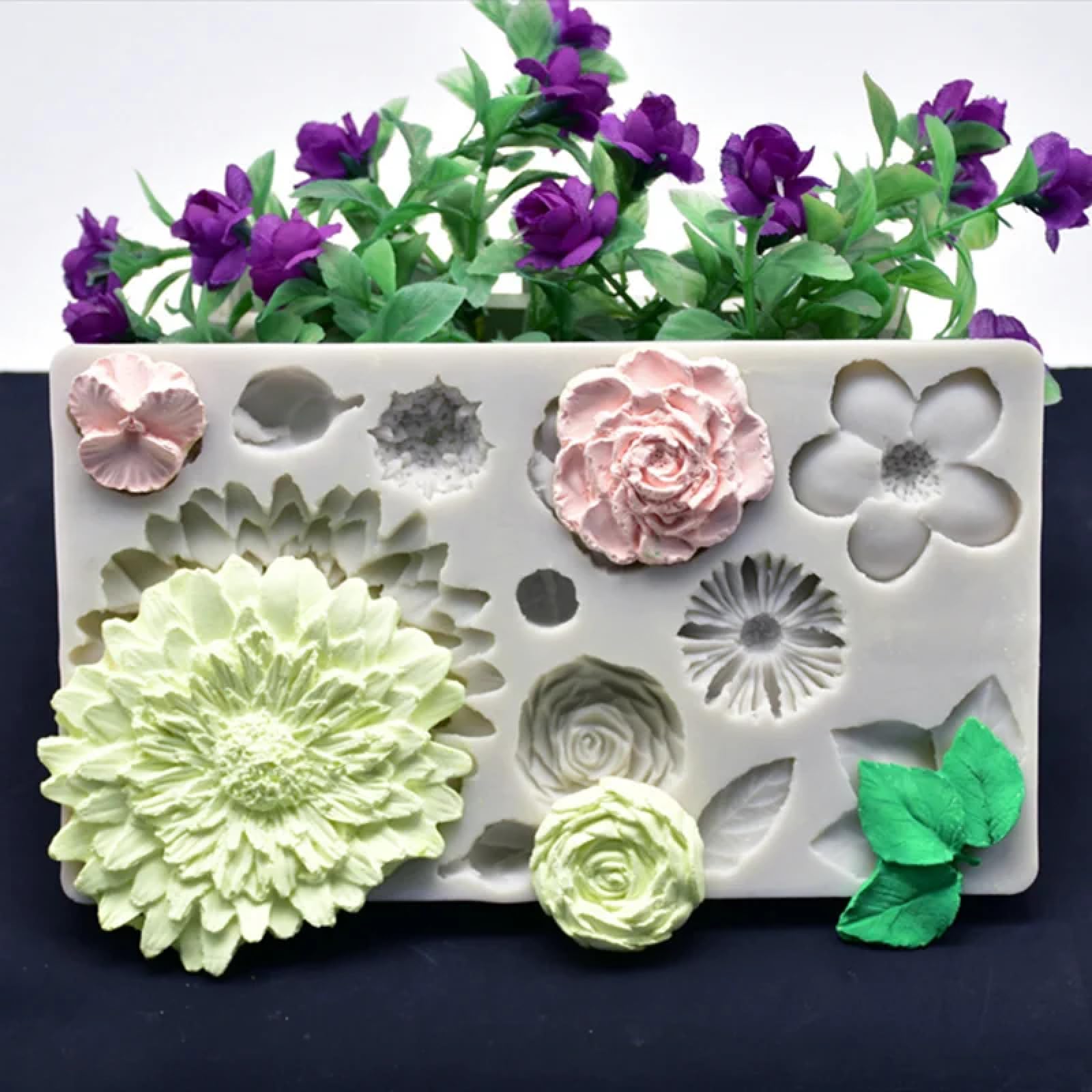 Molde de silicona para hacer fondant, 20,3 x 11,6 x 1,5 cm, molde de resina de silicona, hermoso crisantemo, flor de boda, decoración de pasteles, hojas, hornear, fondant, chocolate, caramelos