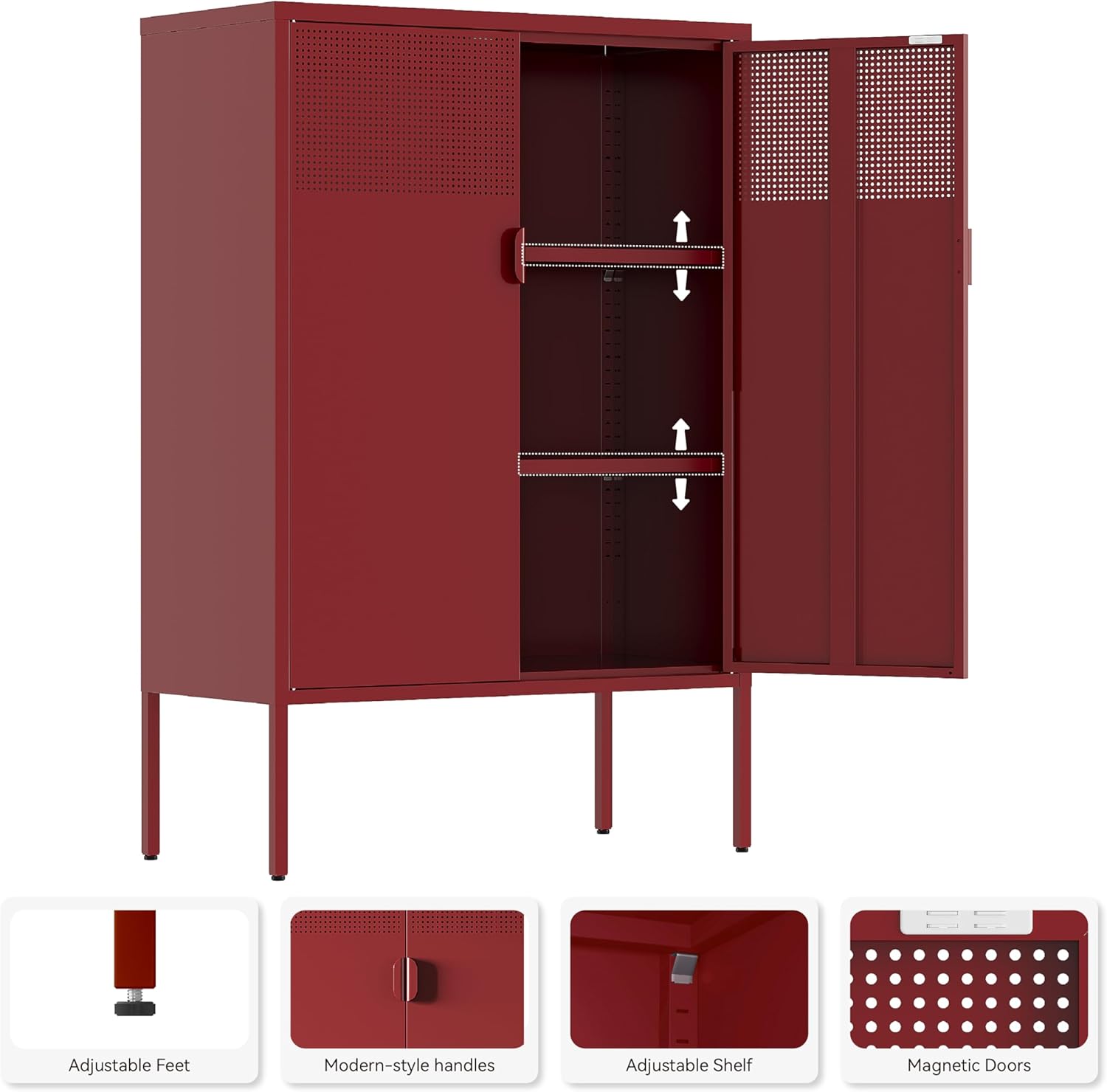Metal Storage Cabinet,2 Door TV Stand, Metal Mesh Accent Cabinet,Magnetic Door Closure,Low Storage Cabinets with Doors and Shelves