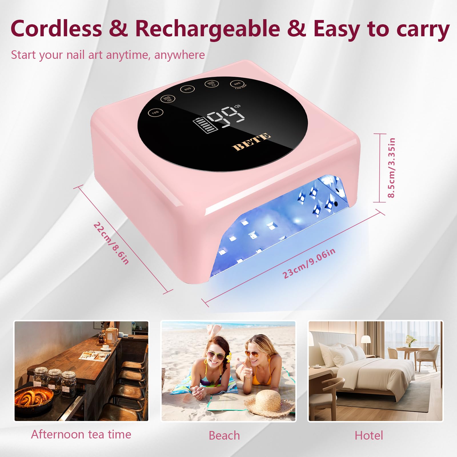 BETE Lámpara de uñas LED inalámbrica, luz UV recargable de 78 W, sensor infrarrojo inteligente y pantalla LCD, lámpara de uñas inalámbrica, lámpara de uñas portátil, lámpara de esmalte de gel con 5