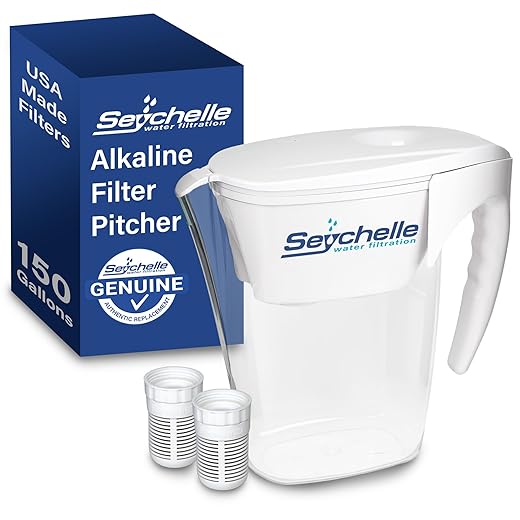 Seychelle pH2O Alkaline Water Filter Pitcher - pH Enhancing Filtration - 200 Gallon Capacity - USA-Made Filter, 64oz