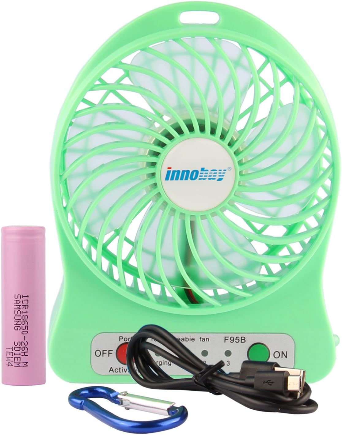 innobay® 4-inch Personal Desktop USB Fan Powered Rechargeable Lithium Battery, 3 Speeds Setting, w/Led Lamp (Green)