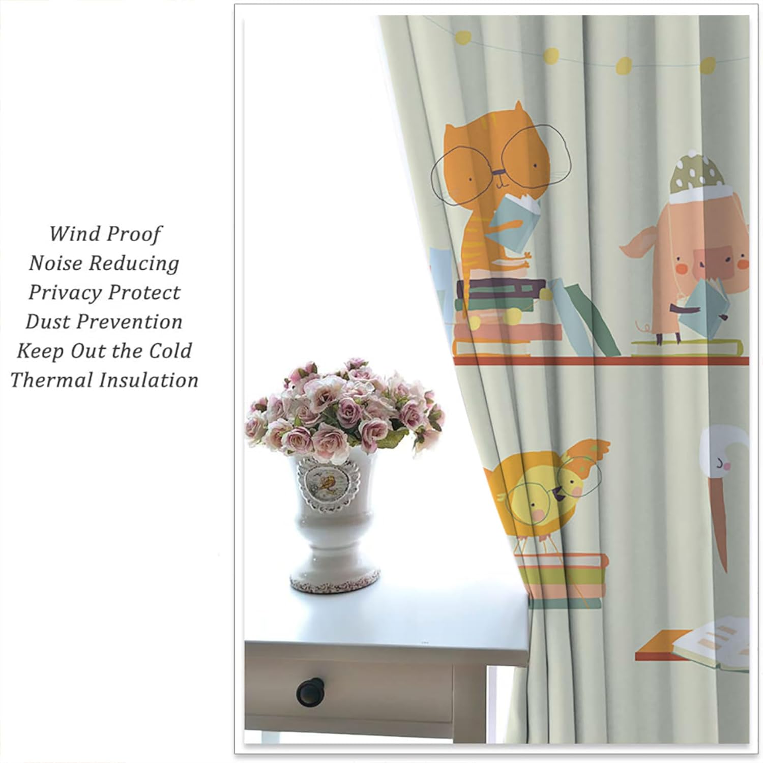 Bookshelf Grommet Blackout Curtains for Boy Girl Bedroom, Nerd Book Lovers Cute Cartoon Animals Thermal Insulated Home Window Drapes for Living Room Darkening, 84x72 inch