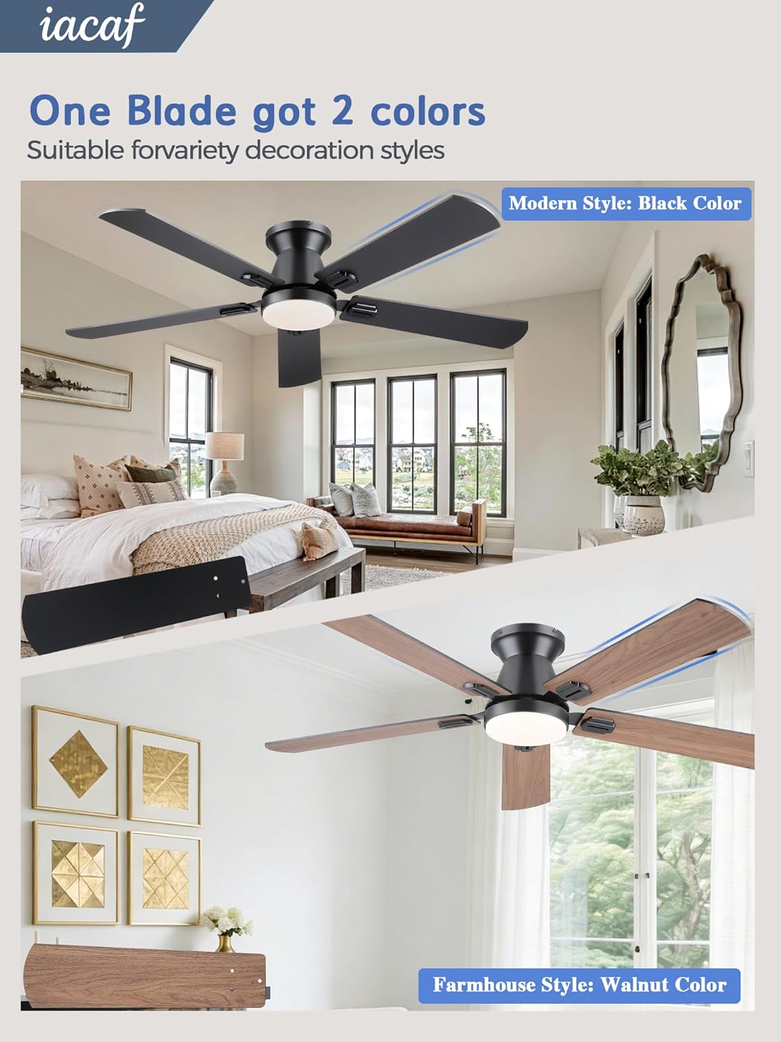 Ceiling Fans with Lights, 52'' Low Profile Ceiling Fan with Light and Remote/APP Control, Dimmable, Qiuet DC Motor, Flush Mount Ceiling Fan for Indoor Bedroom Living Room, Black