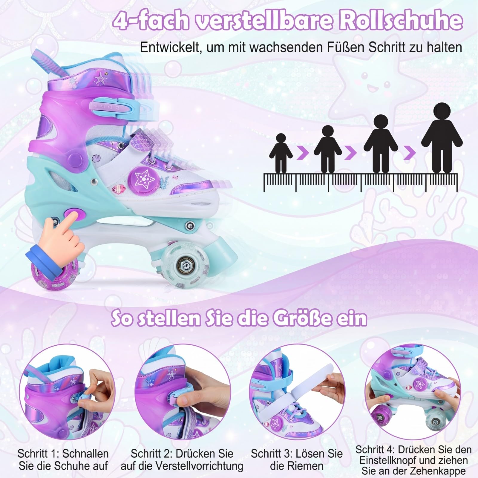 COSTWAY Rollschuhe Kinder 4 Größen verstellbar, Quad Skates mit leuchtenden LED Rädern, Kinderrollschuhe, Roller Skates Drinnen & Draußen für Jungen, Mädchen & Anfänger ab 5 Jahren
