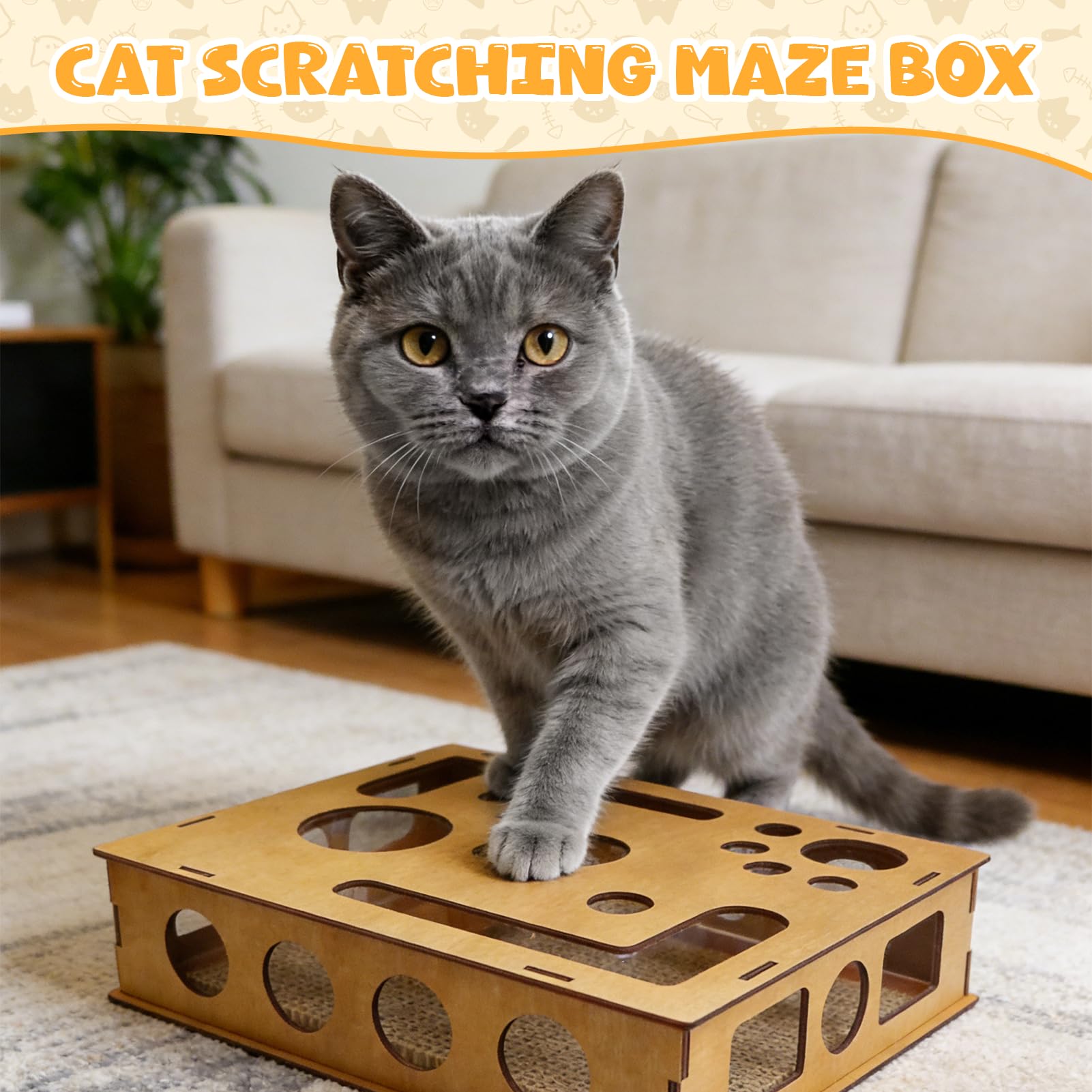 Scatola per attività per gatti con lima per artigli, scatola per giocattoli in legno con puzzle tiragraffi, scatola per arricchimento con puzzle per gattini