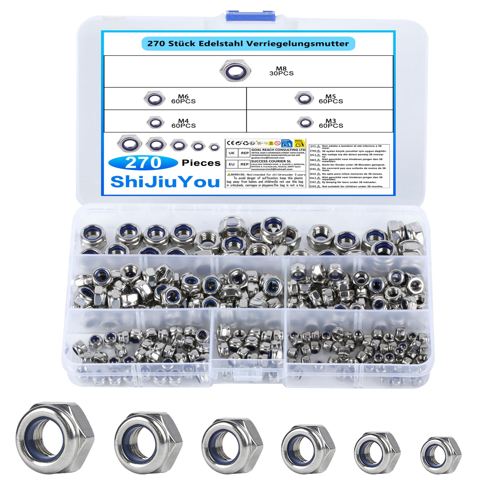 270 PezziDadi Esagonali, Metrici Dadi Autobloccanti Dadi di Bloccaggio in Acciaio Inox con Filettatura Standard, Dado per Bulloni e Viti Rondelle -M3, M4, M5, M6, M8 (Argento)