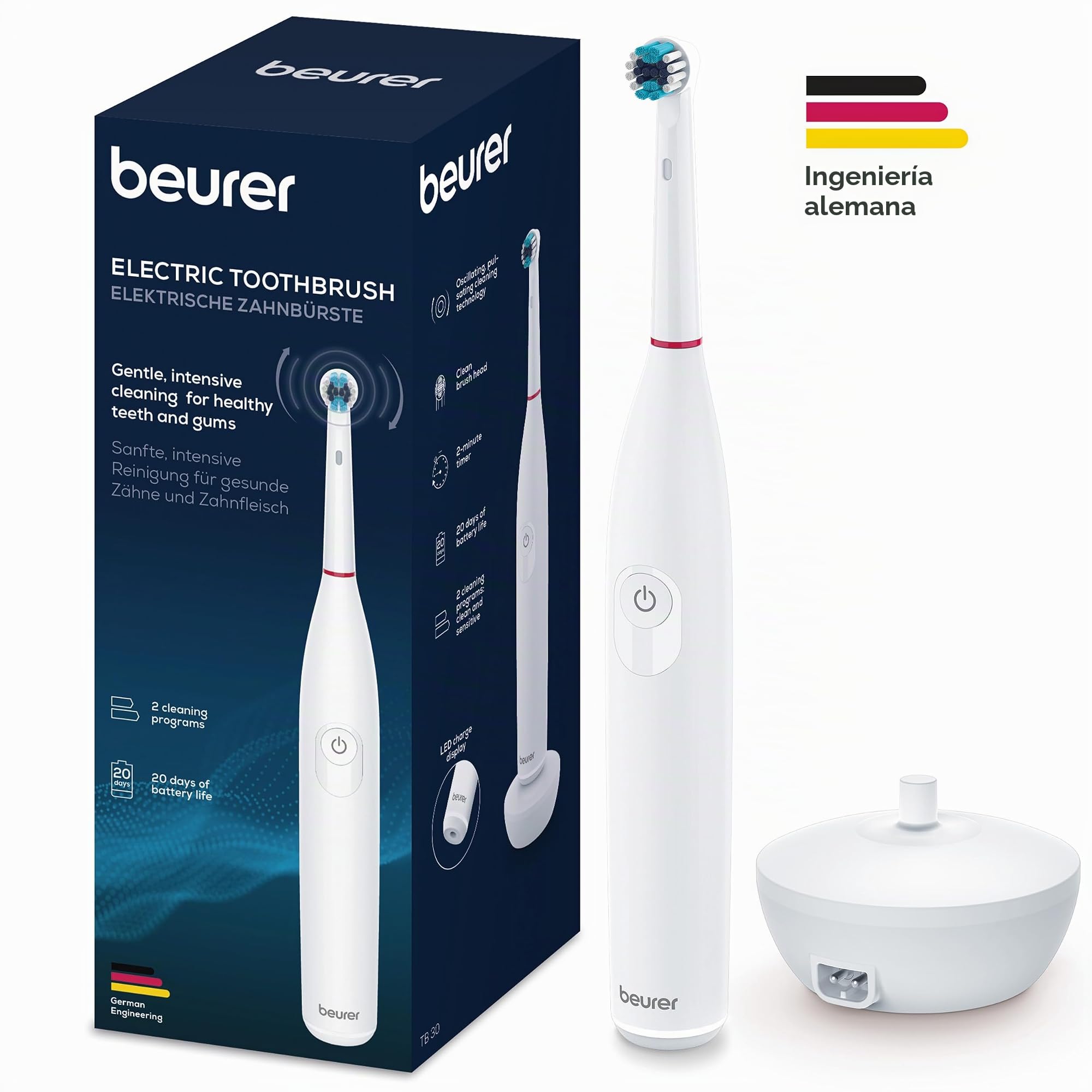Beurer TB 30 Cepillo eléctrico, 2 programas de limpieza para el cuidado dental, tecnología de limpieza oscilante-pulsante para eliminar la placa, temporizador de 2 minutos, potente batería recargable