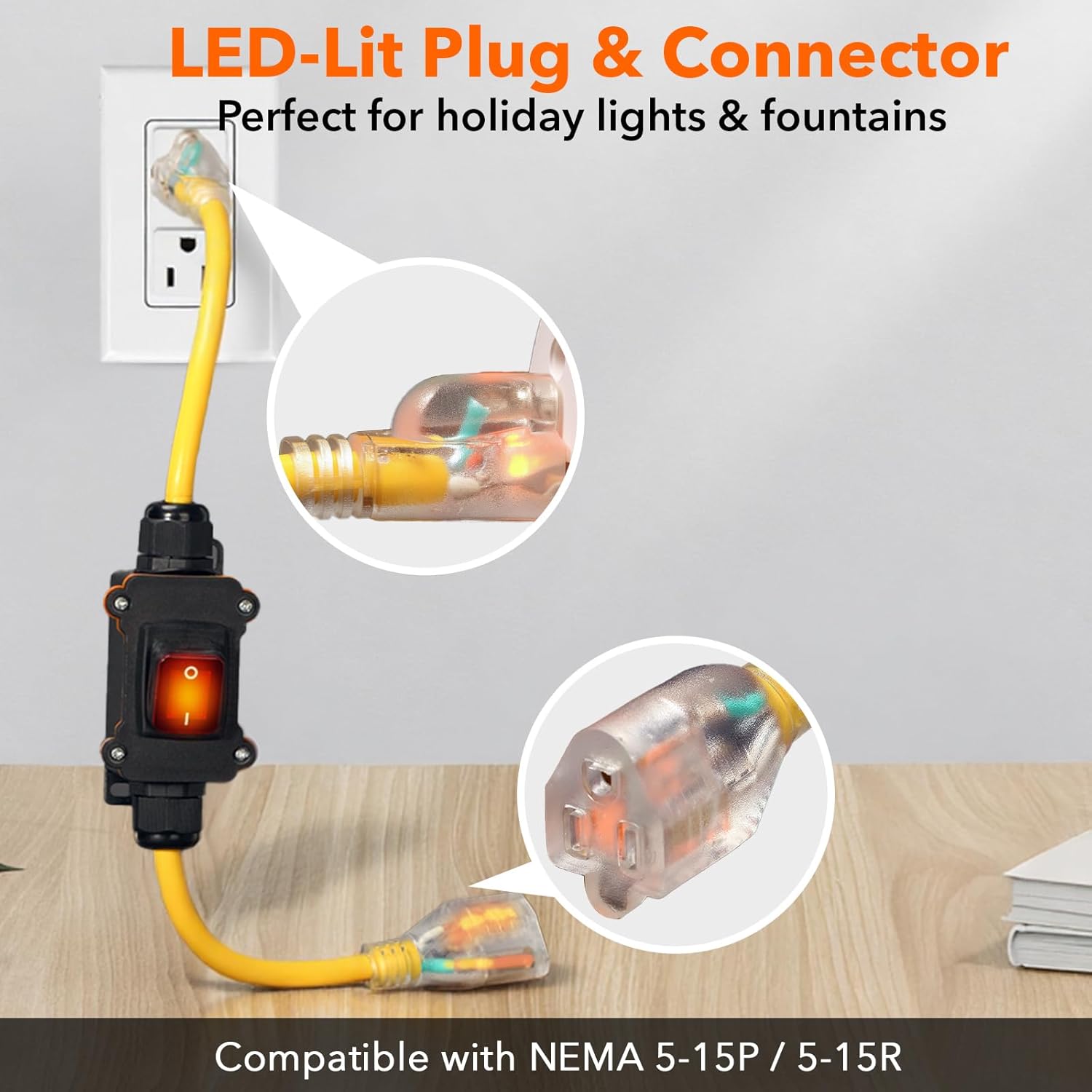 Heavy Duty Extension Cord with On/Off Switch, Outdoor Waterproof Inline Power Switch (Hook Mount, LED Indicator), All-UL Listed (Plug/Switch/Cable), 14/3 AWG STJW, 125V/15A/1875W, 3-Pronged, 3FT