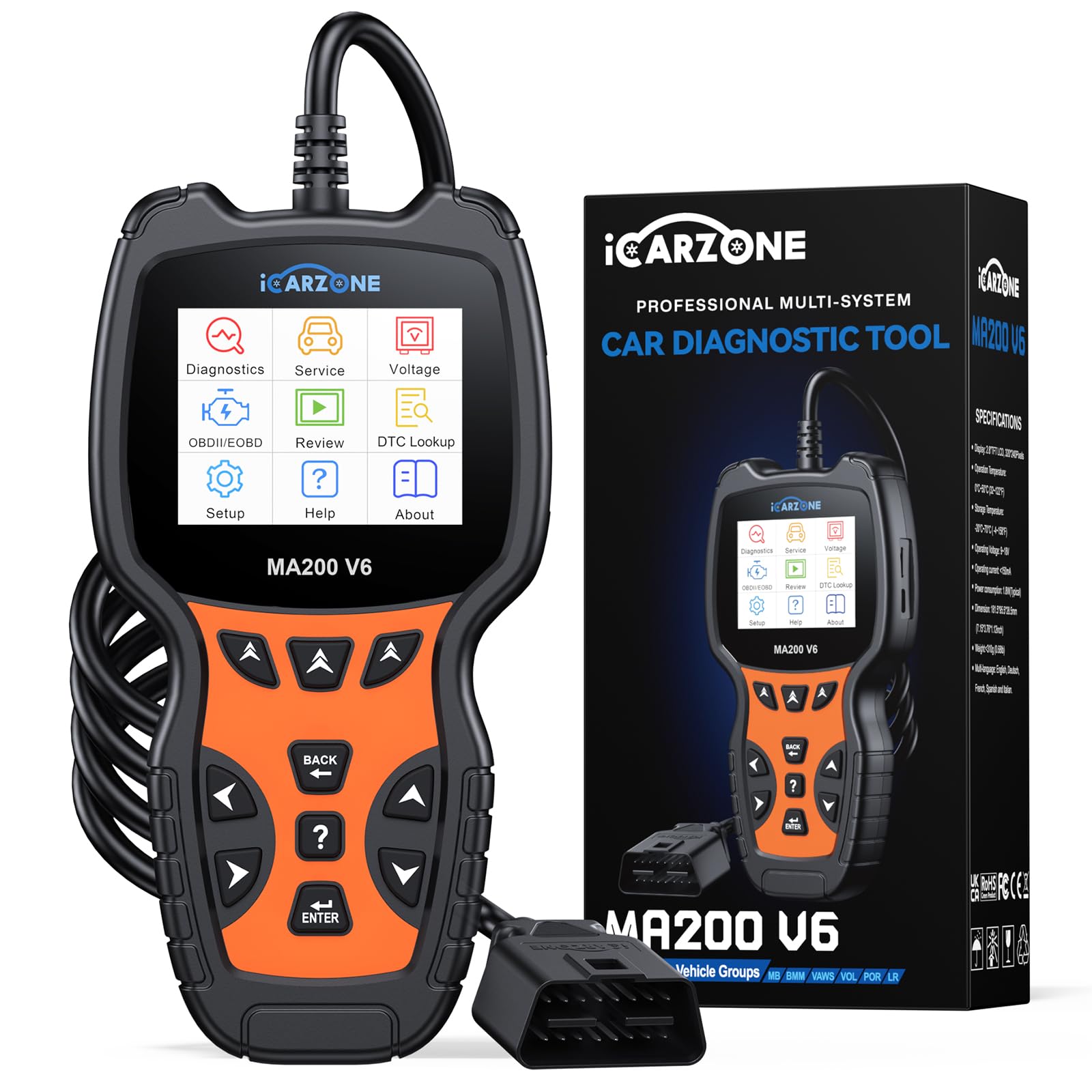 MA200 V6 Máquina Diagnosis Coche, 6 Servicios,Escáner OBD2 para Benz/Land Rover/Porsche/BM.W/Volvo/V.A.G, Diagnóstico de Todos los Sistemas, Reinicio de Aceite/BMS/EPB/SAS/DP-F/TPMS,Auto Vin