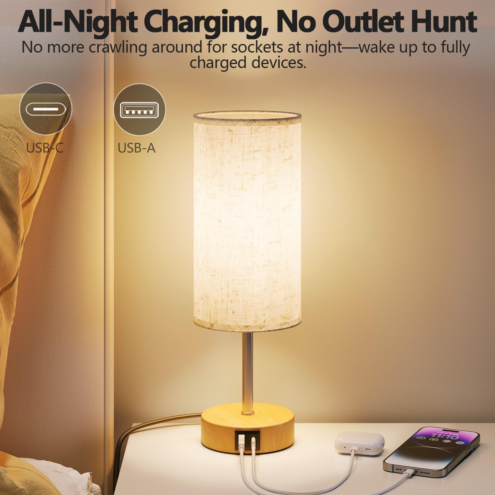 UPXNBOR Bedside Lamps, Table Lamp for Bedroom/Living Room/Study Room/Office with USB A+C Charging Ports, Reading Light - Image 4
