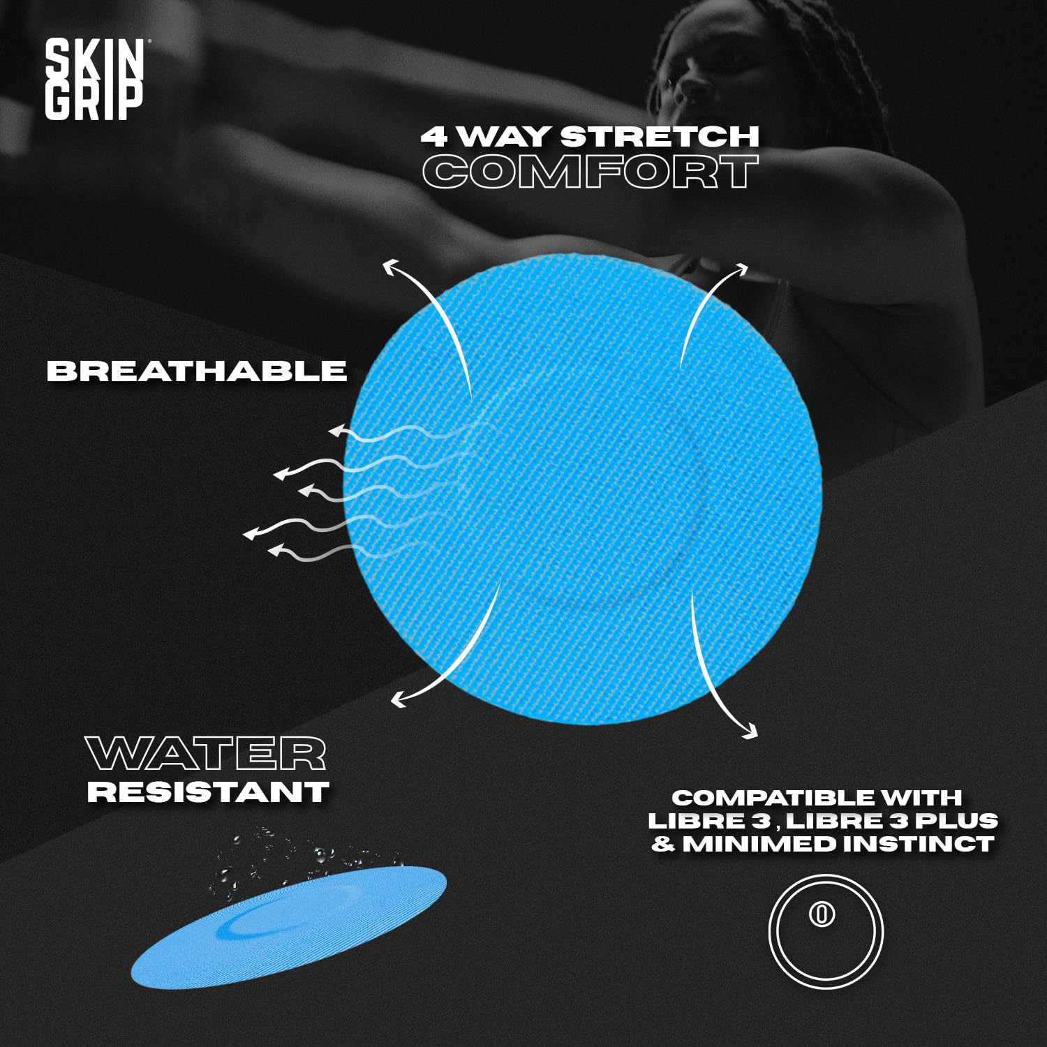 Skin Grip Freestyle Libre 3 Sensor Covers-Waterproof & Sweatproof Adhesive Patches for 10-15 Days (Not for Libre2), Pre-Cut CGM Diabetic Sensors Cover, Compatible with Instinct Sensors- 20 Pack, Blue