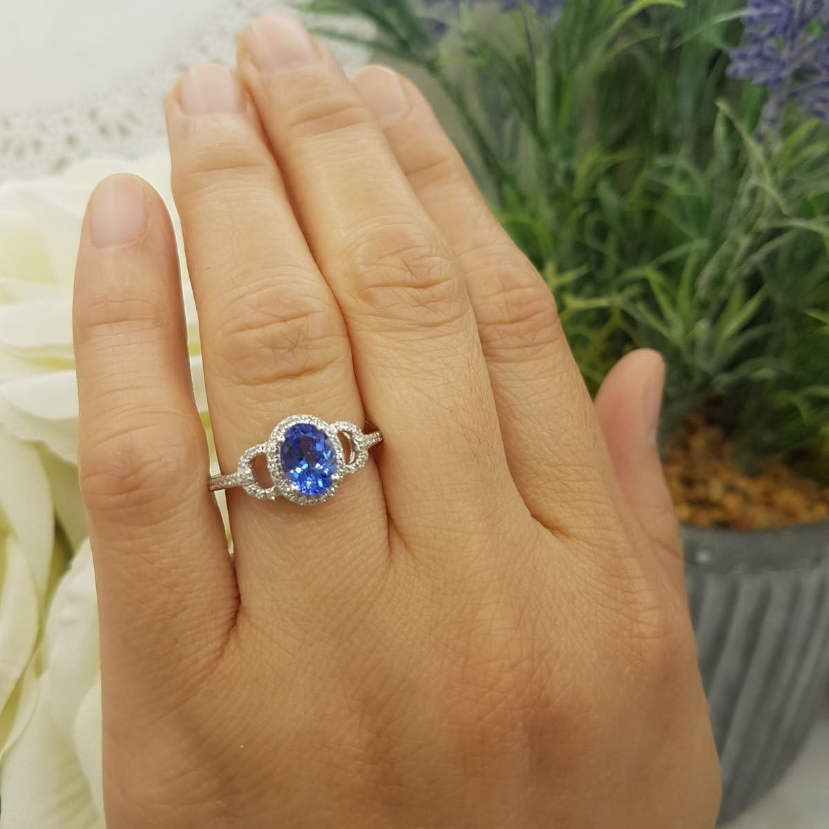 Dazzlingrock Collection 8x6mm Oval Tanzanite & Round White Diamond Halo Engagement Ring for Her in 14K Solid Gold