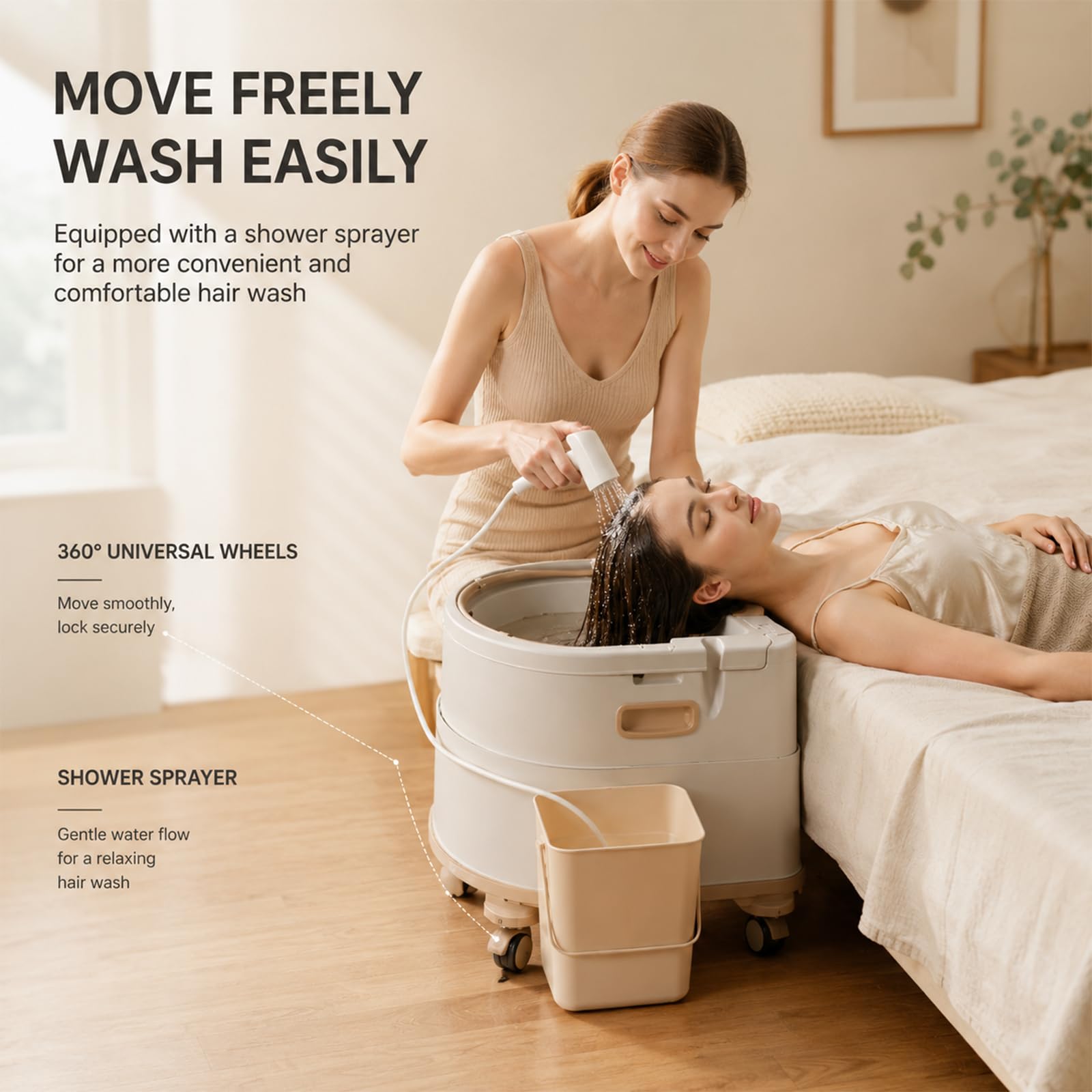 Lavacabezas Portátil para Cama, Lavabo de Peluquería Ajustable con Cojín de PU, Alcachofa de Ducha y Ruedas, Equipo de Head Spa Doméstico para Pelo Beige