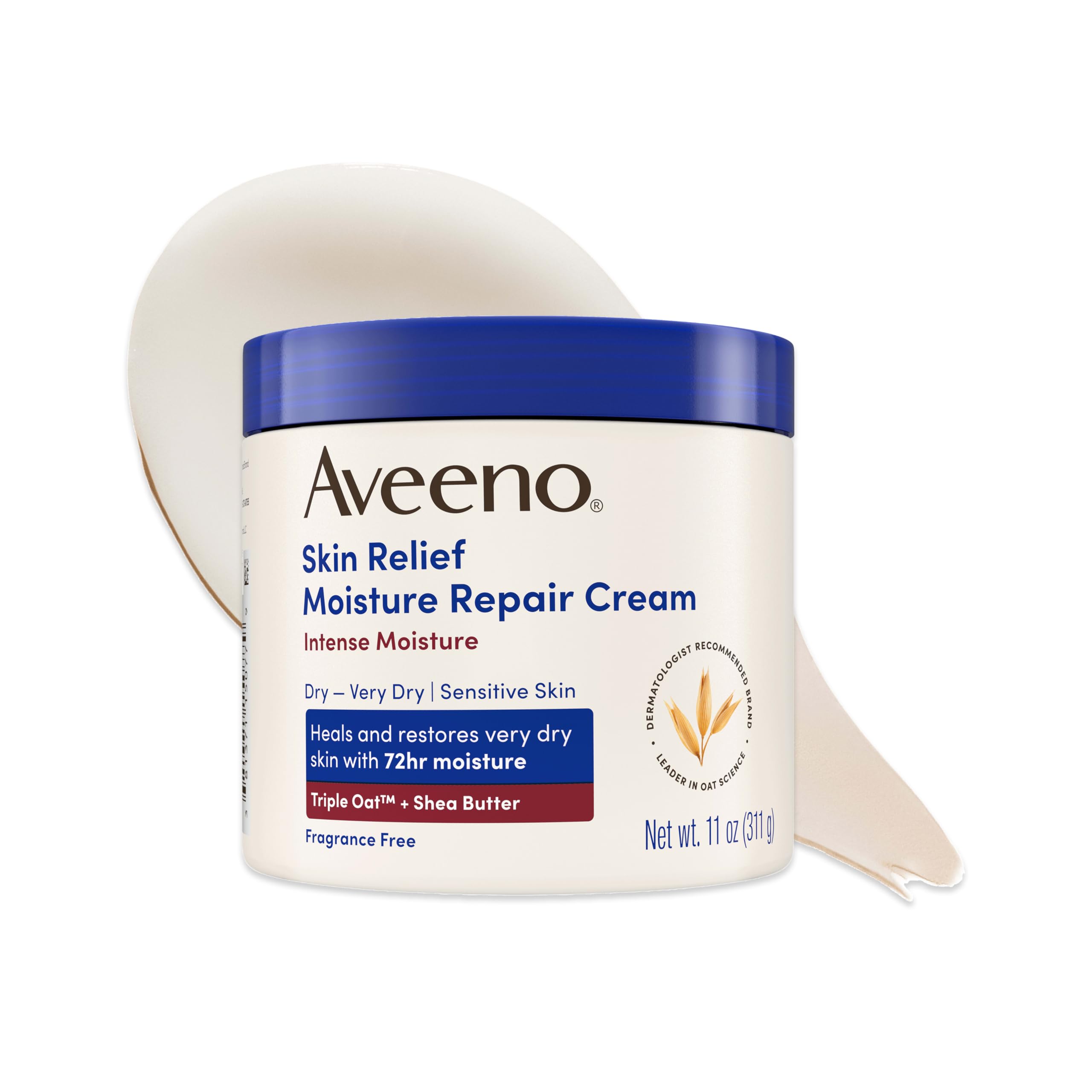 Aveeno Skin Relief Intense Moisture Repair Cream with Triple Oat Complex, Ceramide & Rich Emollients, Steroid- & Fragrance-Free Moisturizing Body Cream for Extra-Dry Skin, 11 oz