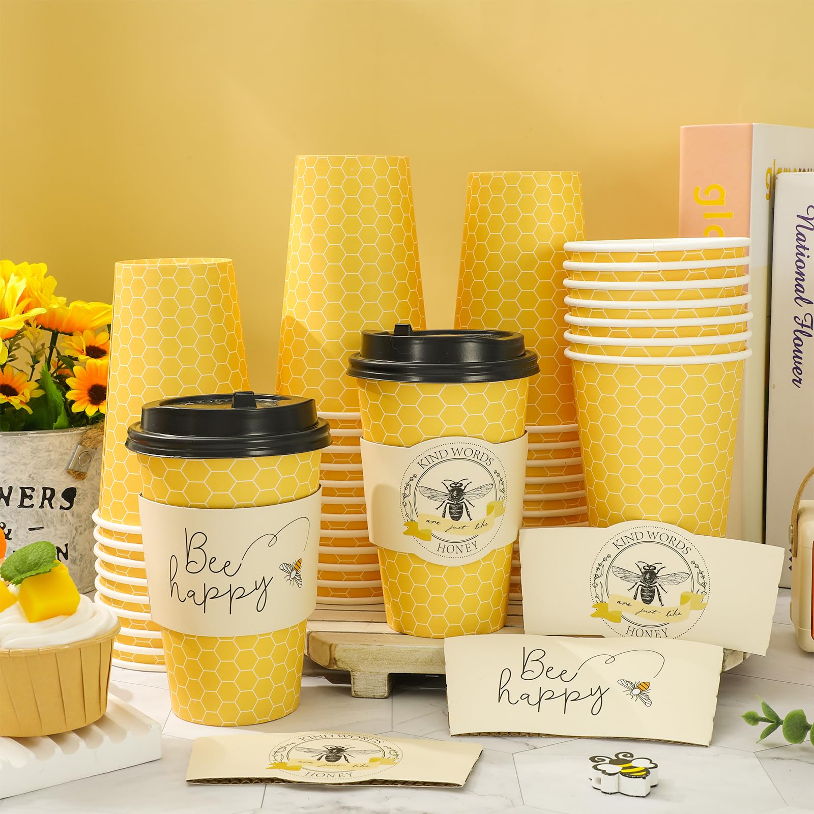 50 Bienen-Pappbecher Mit Deckel – Gelbe Einweg-Becher Für Sommerpartys & Feste