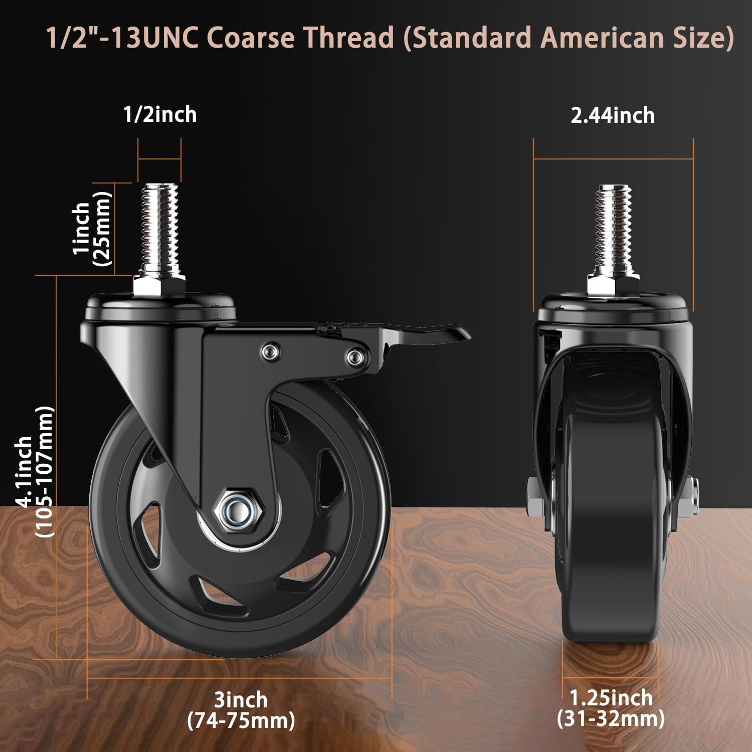 Zestaw kółek 4,3 cala z gwintowanym trzpieniem, 1/2"-13 x 1 (średnica trzpienia 1/2", długość trzpienia 1"), wytrzymałe kółka w kolorze czarnym, blokowane, obrotowe kółka z hamulcem