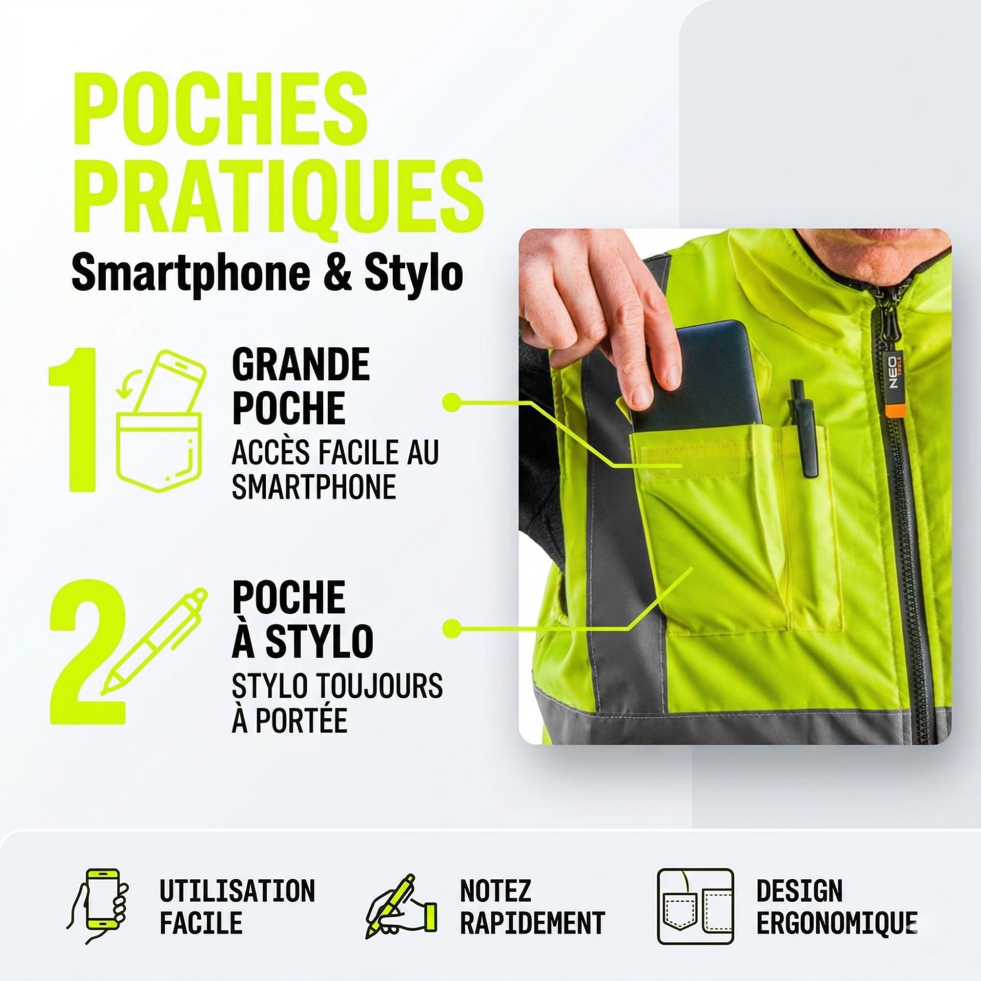 NEO TOOLS Gilet de Sécurité Professionnel 2en1 en Polaire, Coupe-vent et Imperméable ou ensemble avec Pantalon Imperméable - Taille. S-3XL pour Hommes | Réversibles, Réfléchissants d'un Côté