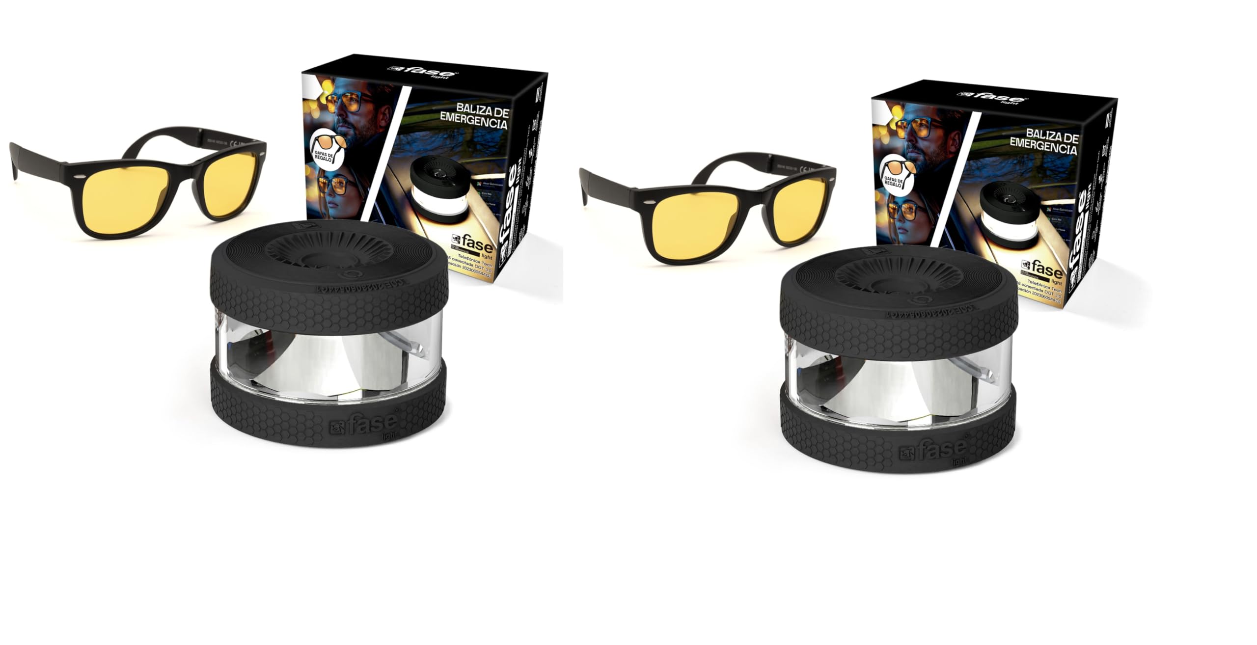 Luz de Emergencia Baliza V16 Geolocalizada, Homologada por DGT con Conectividad IoT, Datos Incluidos hasta 2038, Base Magnética, Incluye pilas y Gafas de Conducción Nocturna (2 Ud Negro + Gafas)