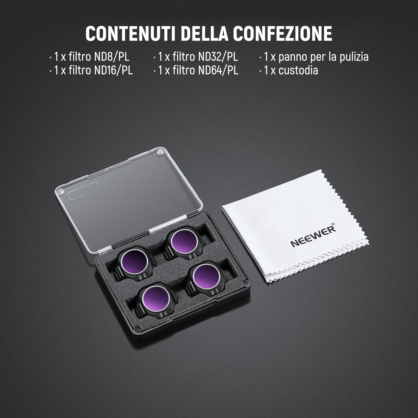 NEEWER Set Filtro ND/PL Compatibile con DJI Mini 5 Pro Drone Camera, ND8/PL+ND16/PL+ND32/PL+ND64/PL, Filtri ND Polarizzati a Densità Neutra a Scatto per Lenti, Accessori per Fotografia Aerea, 4 Pezzi