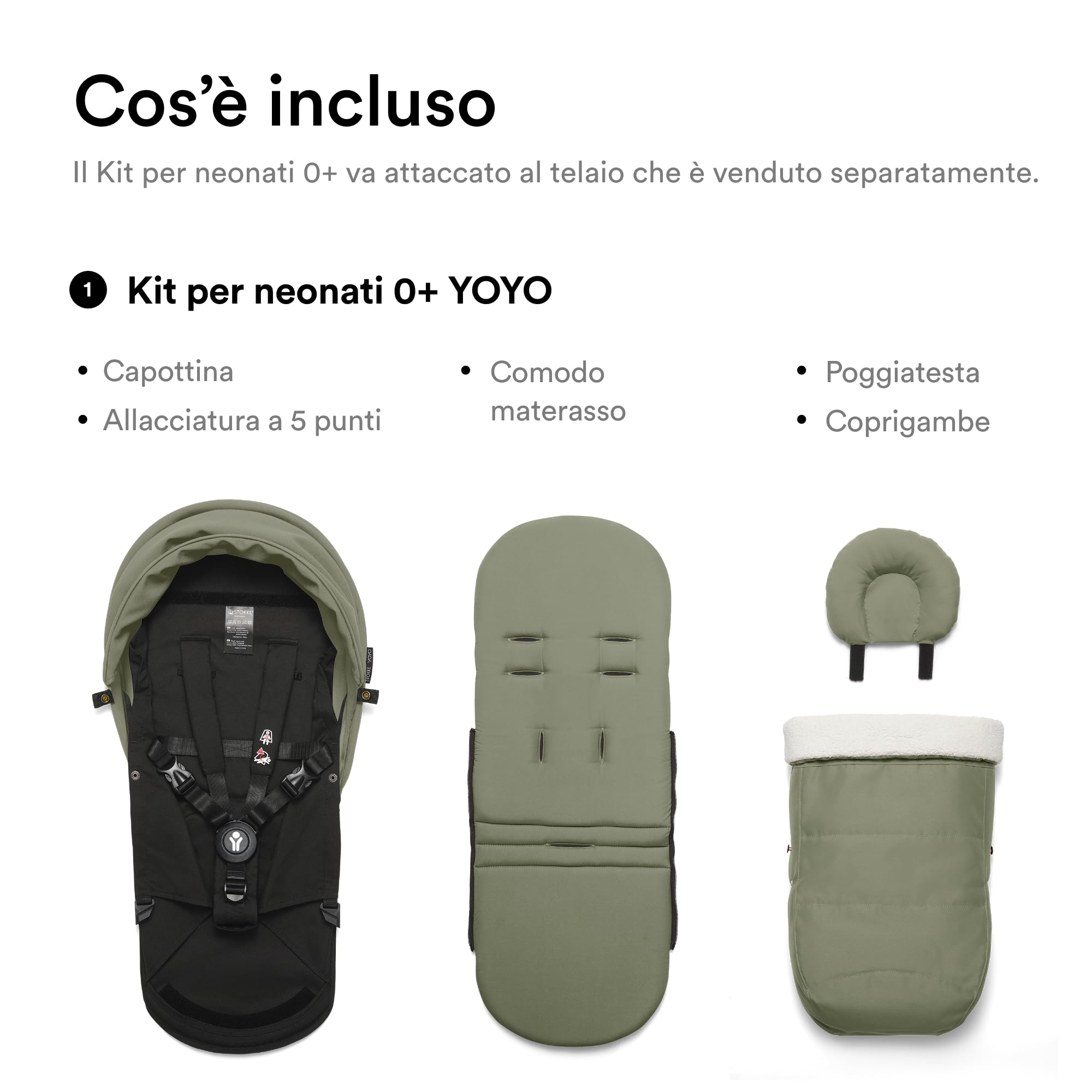 Stokke YOYO 0+ Newborn Pack, Olive - Include materasso, capottina estendibile e allacciatura a 5 punti - Richiede telaio YOYO (venduto separatamente)