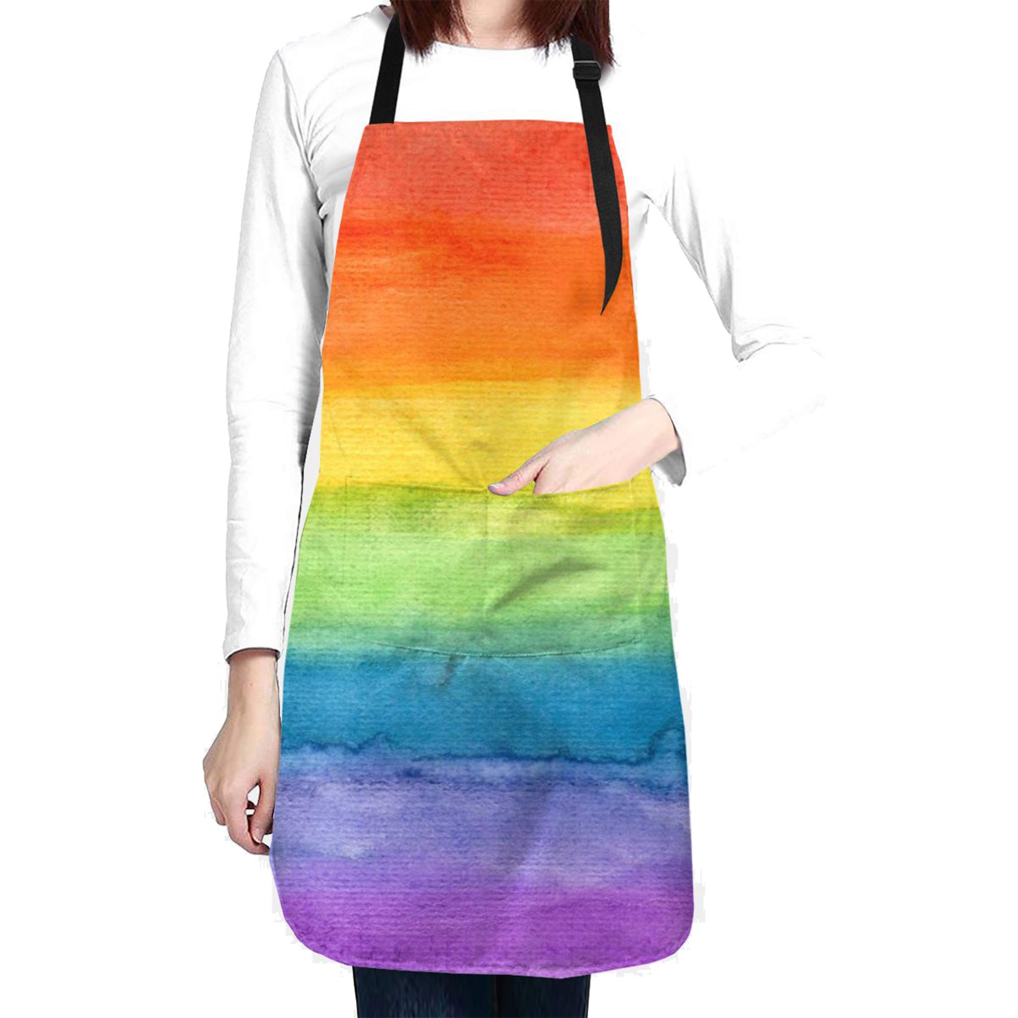 wodealmugWomen Rainbow Apron Adjustable Neck Kitchen Bib Cook Apron with Pocket for Cooking Baking Gardening