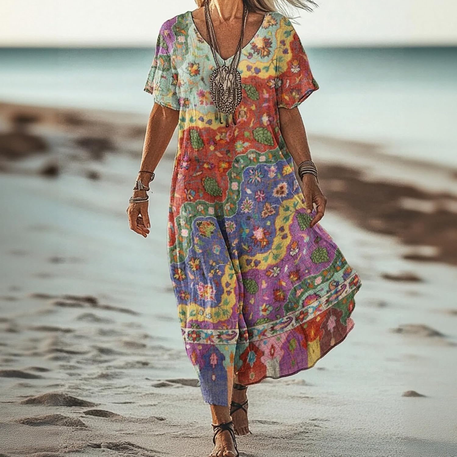 Women's Summer Boho Vacation Rainbow Gradient Print Sleeveless Maxi Dress Loose Flowy A Line Beach Sundress