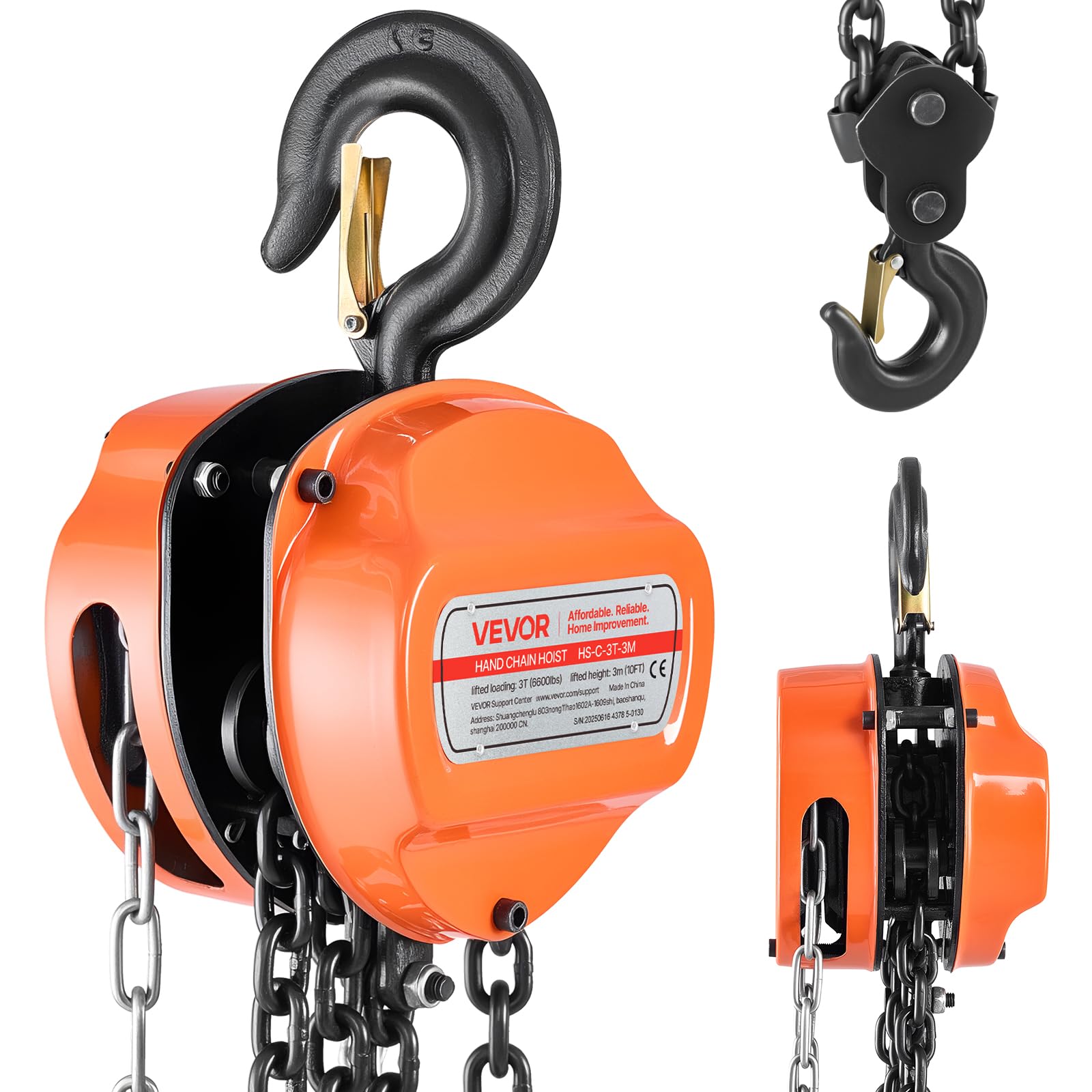 VEVOR Hand Chain Hoist, 3 Ton 6600 lbs Capacity, Manual Chain Block with Upgrade G80 Galvanized Chain, 10 ft Lifting Height, Heavy Duty Pulley Hoist