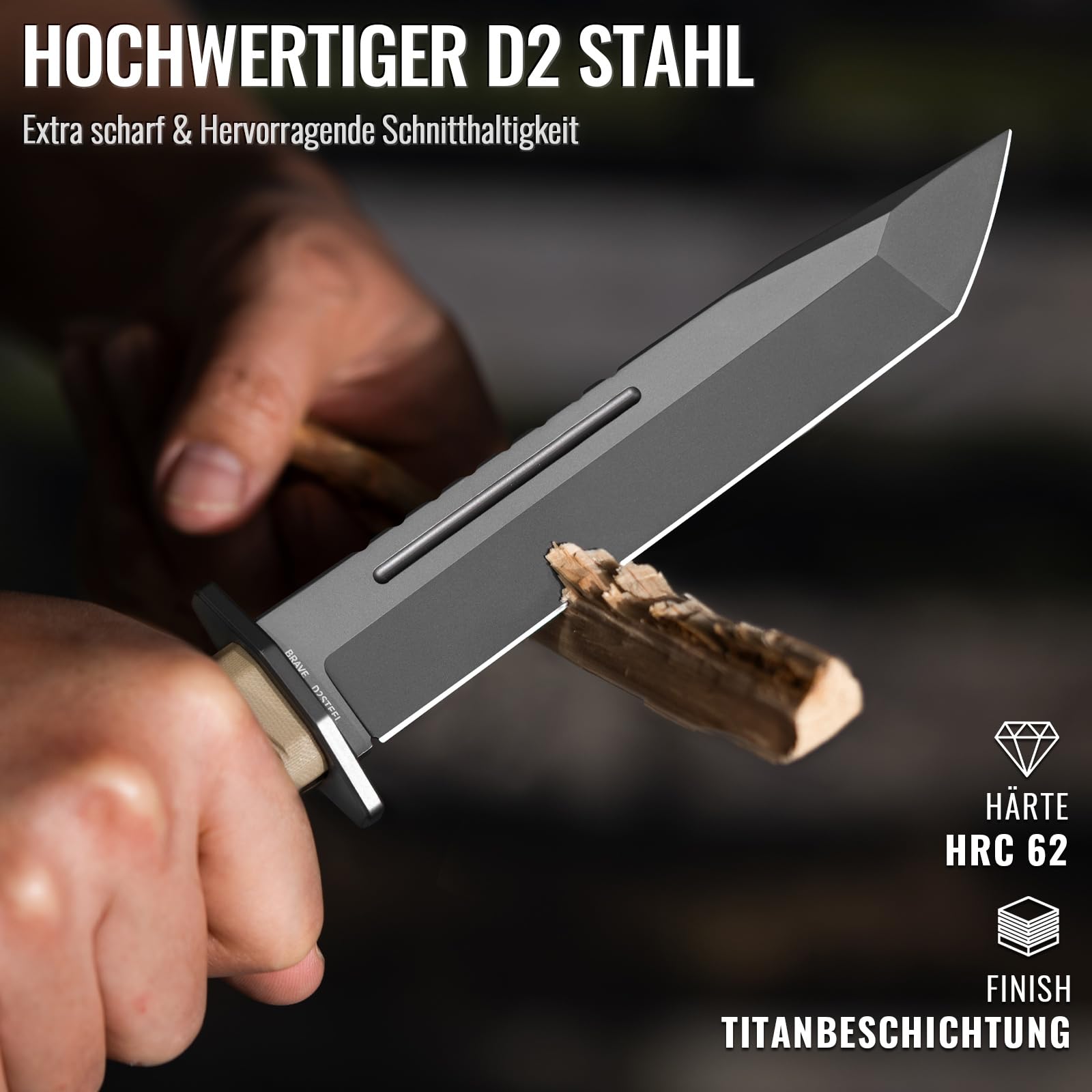 NedFoss BRAVE Bowiemesser, 17.2CM D2 Stahl FULL TANG Outdoor Messer mit G10 Griff & Kydex Scheide, Survival Messer mit Titanium, Großes Jagdmesser, Bushcraft Messer für Camping, Geschenk, Sammlung