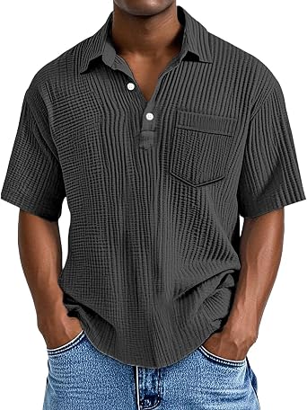 Mens Waffle T Shirts Summer Casual Knit Short Sleeve Shirts Soft Textured Solid Lightweight Tees V Neck Pullover Tee