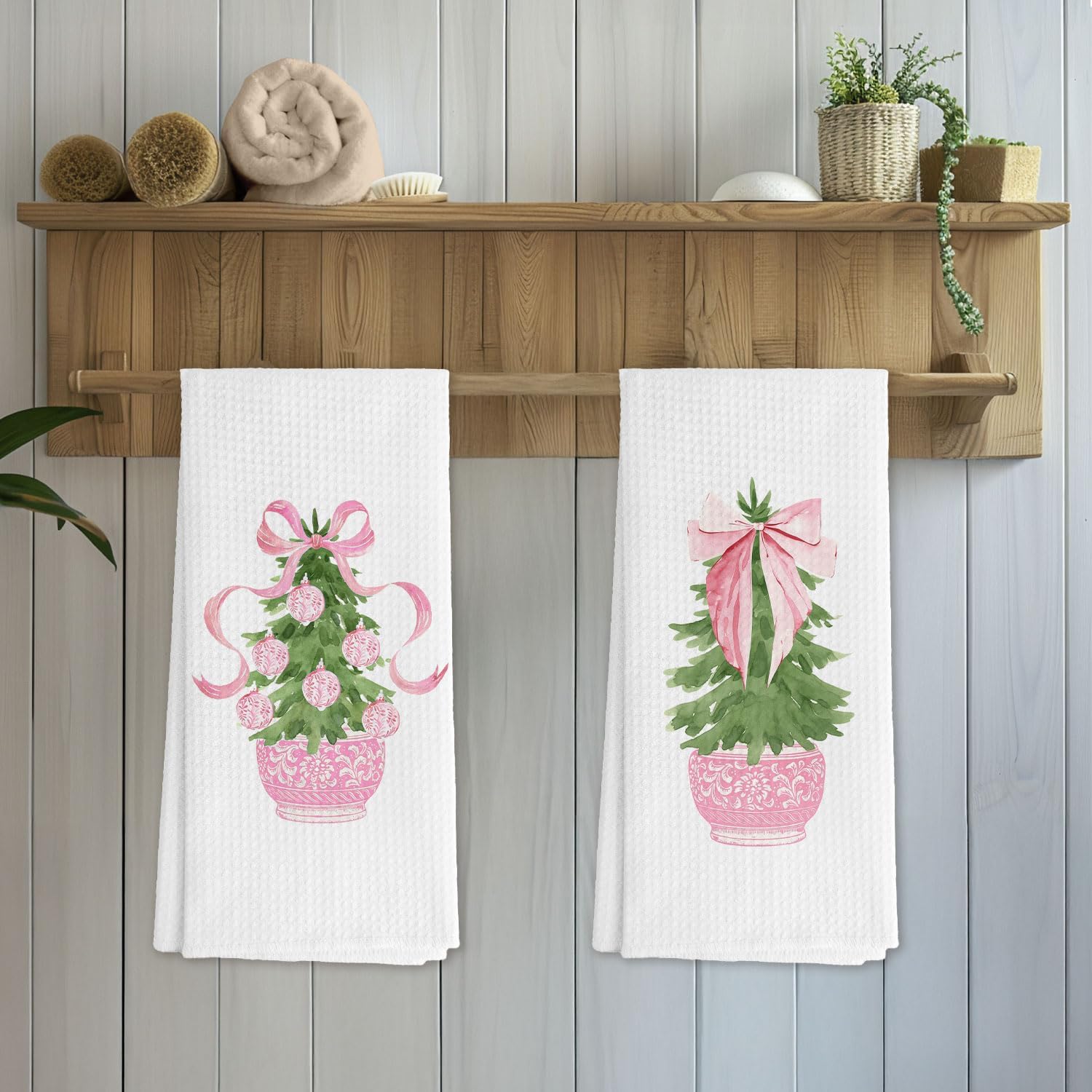 Coquette Pink Bow Christmas Tree Kitchen Towels, Chinoiserie Xmas Bauble Tree Decorative Hand Towels for Bathroom, Preppy Christmas Dish Tea Towels for Kitchen Decor, 16x24 Inch Set of 2 - Image 5