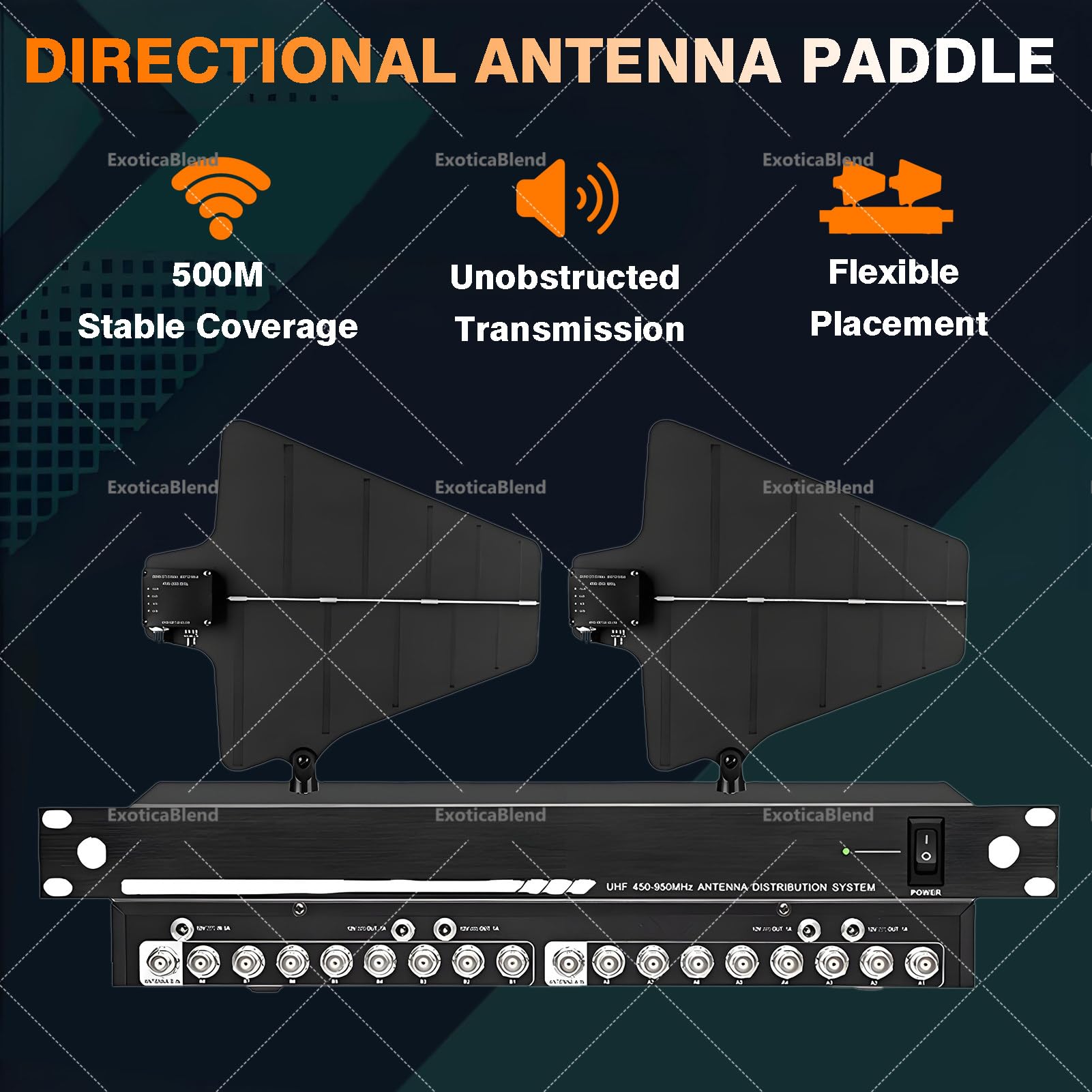 Sistema di distribuzione antenna direzionale per microfoni wireless, copertura 500 m per palchi ed eventi live