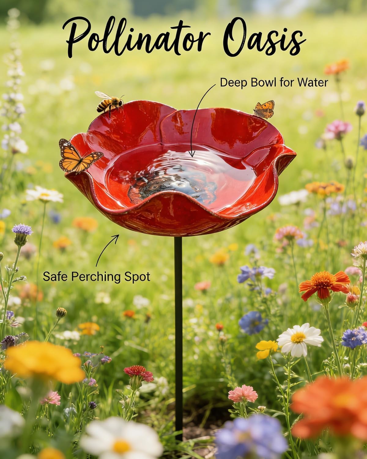 Handmade Metal Flower Garden Stake Bird Bath, Butterfly Feeder for Outdoors with Bee Bath & Bird Water Bowl – Decorative Garden Stakes for Yard Art, Pollinator Gift(Red+Yellow)