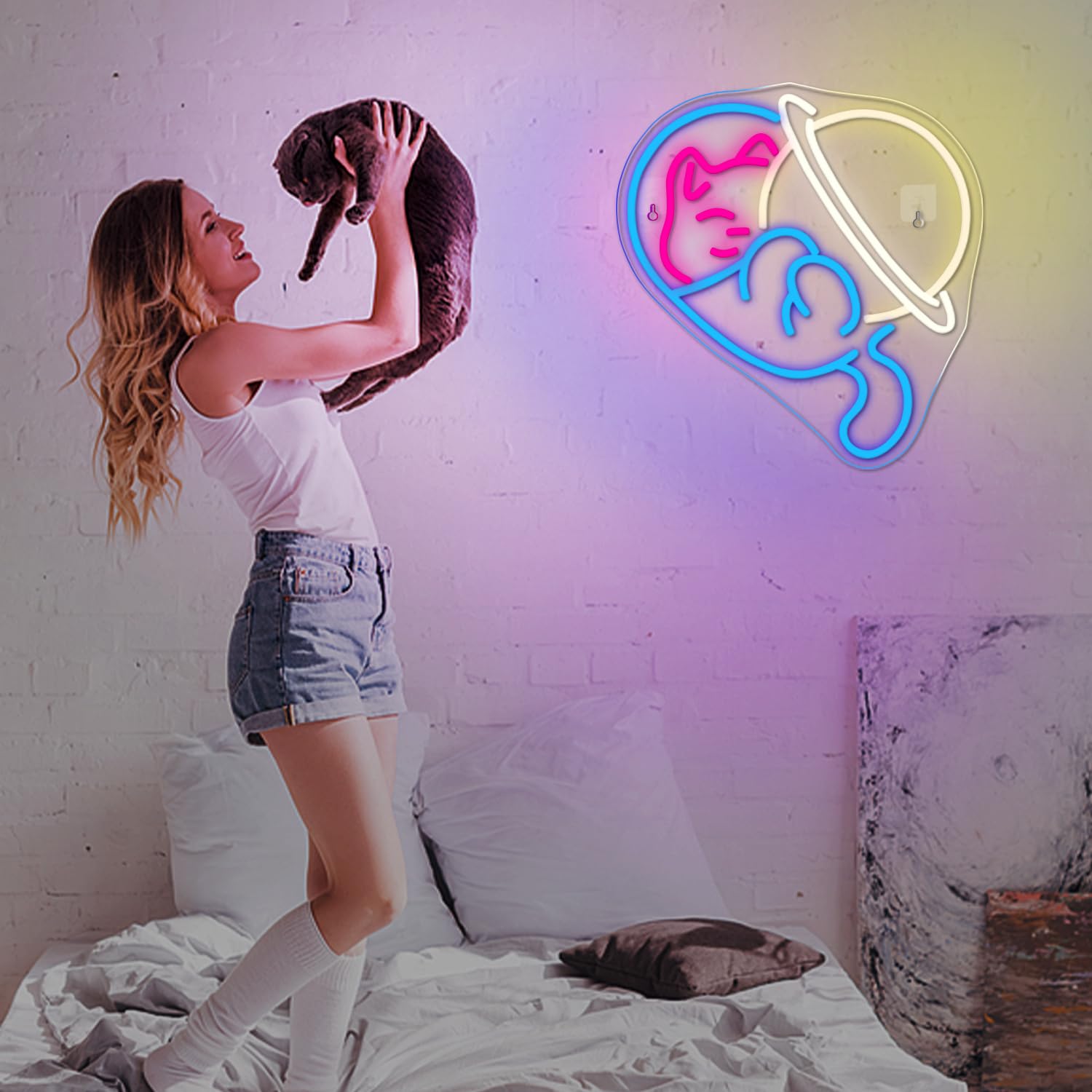 Horseneon Astronautischer Planet Cat Neon schild Katze Neon Sign Tier Neon Light für Schlafzimmer USB Dimmer LED Schild Leuchtreklame für Wand Katzenliebhaber Kinderzimmer Wohnzimmer