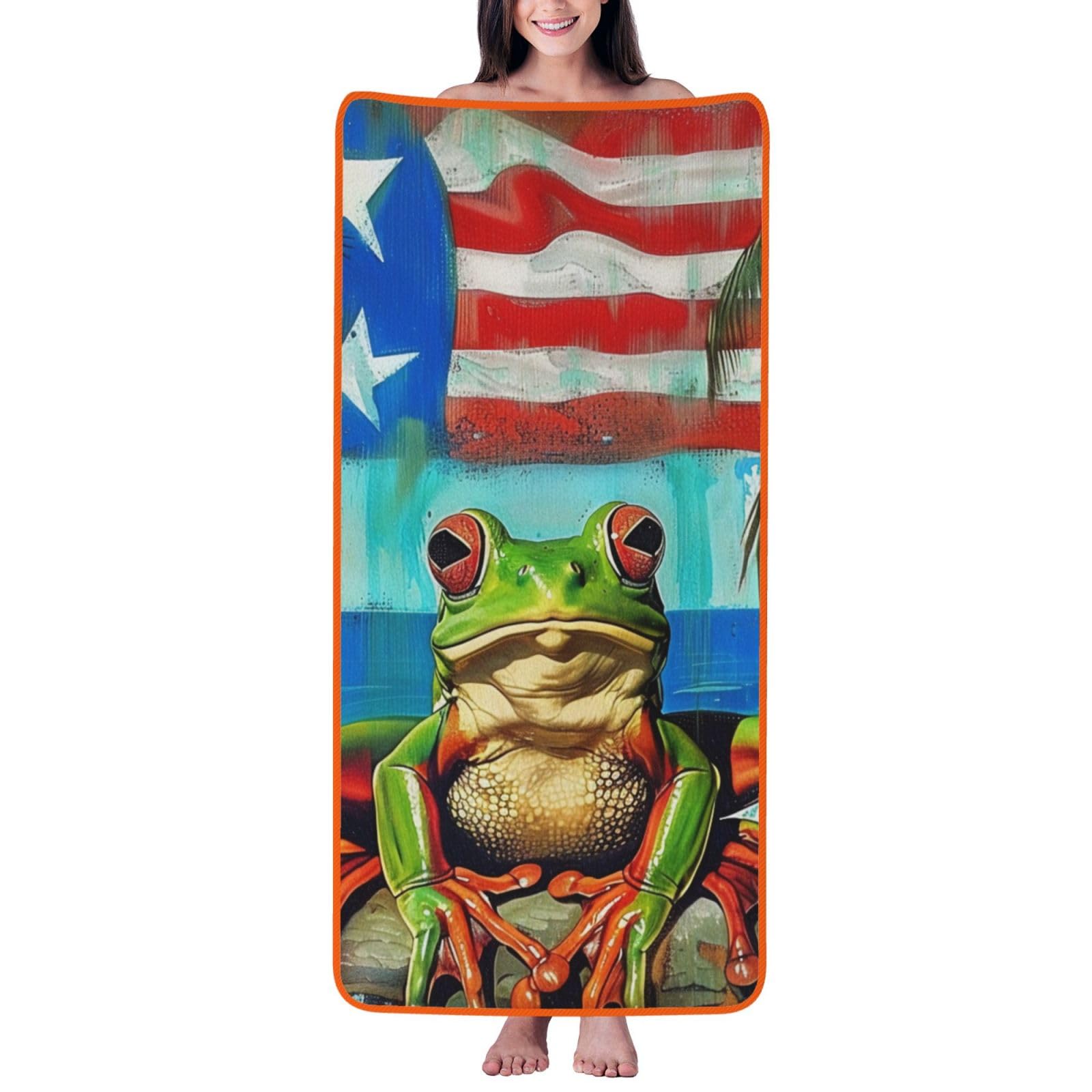 WPKJU Puerto Rico Flag Frog Palm Trees Printed Bath Towel with Orange Edging - 27x55 in Soft Extra Absorbent Coral Velvet Shower Towels for Bathroom