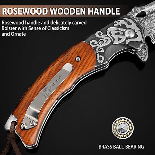 Miniatura 4 de LOTHAR RHAEGAL Damascus Pocket Knife for Men, Handmade Forged VG10 Damascus Folding Knife with Sandalwood, Retro Leather Sheath, Pocket Clip, Men