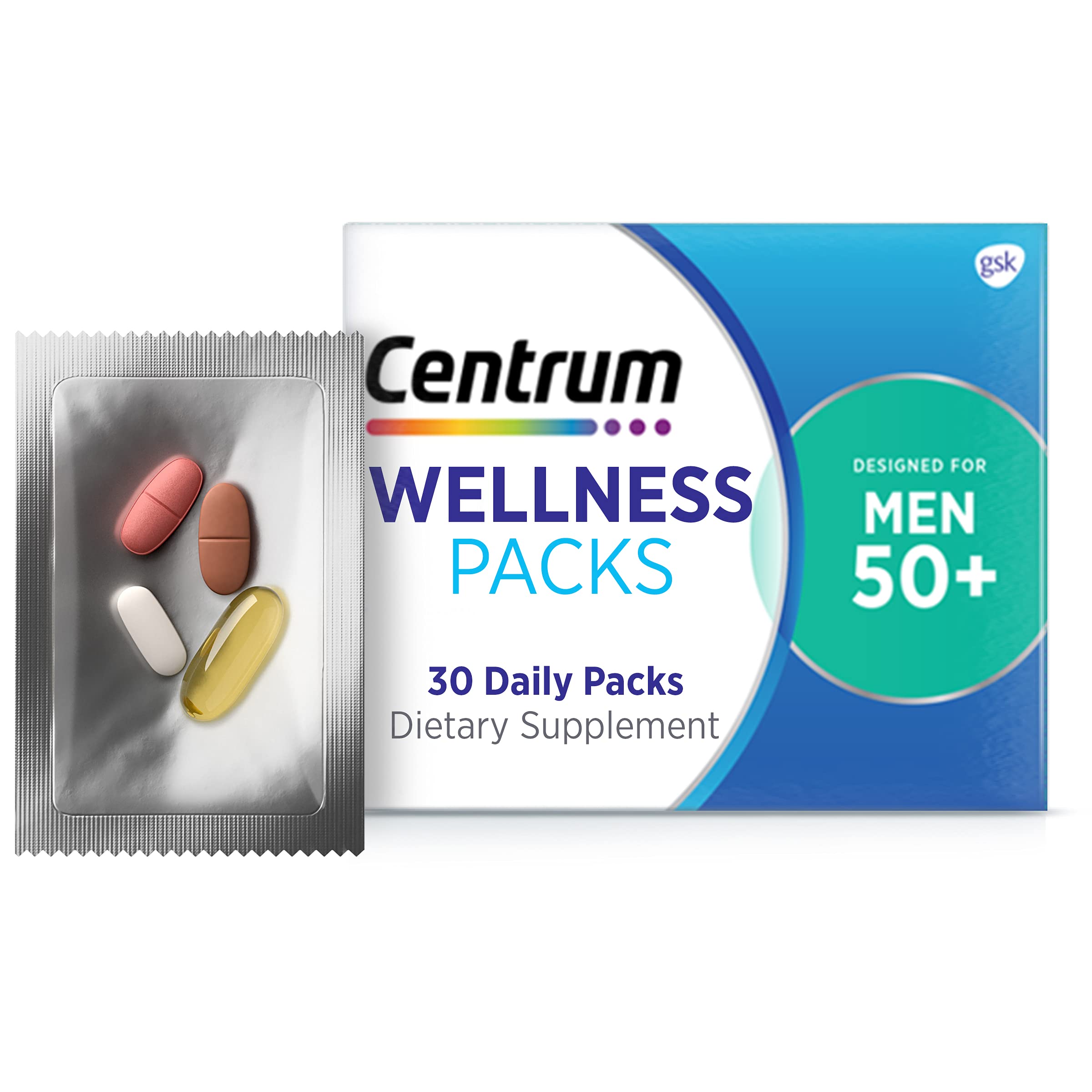 Centrum Wellness Packs Daily Vitamins for Men in Their 50s, Men's Vitamins with Complete Multivitamin, Calcium Carbonate 600mg with Vitamin D3, Fish Oil 1200mg with Omega-3, MSM 1000mg - 30 Packs