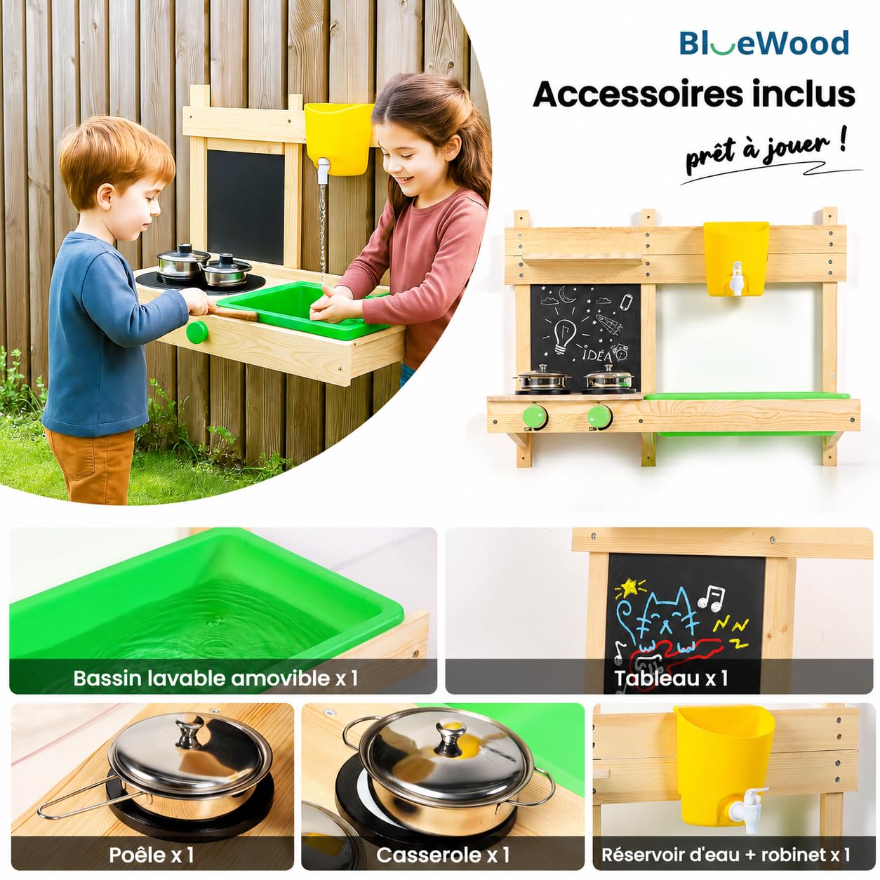 BlueWood Matschküche Kinder Outdoor, Kinderküche Holzspielzeug-Spielset mit, Spielfutter, Kochset und Matschküche Zubehör, Spielküche für Rollenspiel ab 3 Jahren Wandhängerversion