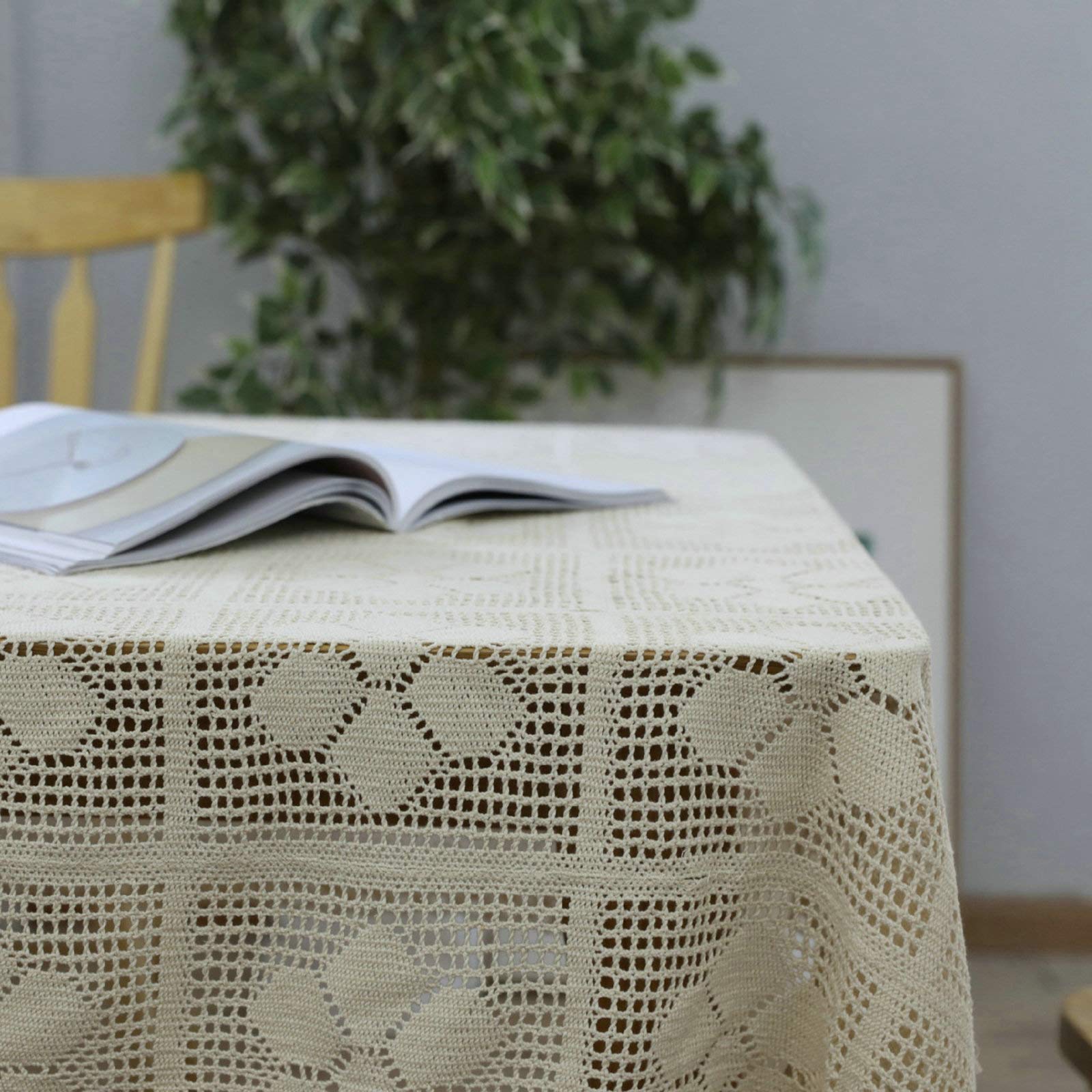 Aeici - Tovaglia di compleanno per matrimonio, rettangolare, in cotone lino, con motivo floreale, 6 petal all'uncinetto, 140 x 220 cm, colore: Beige