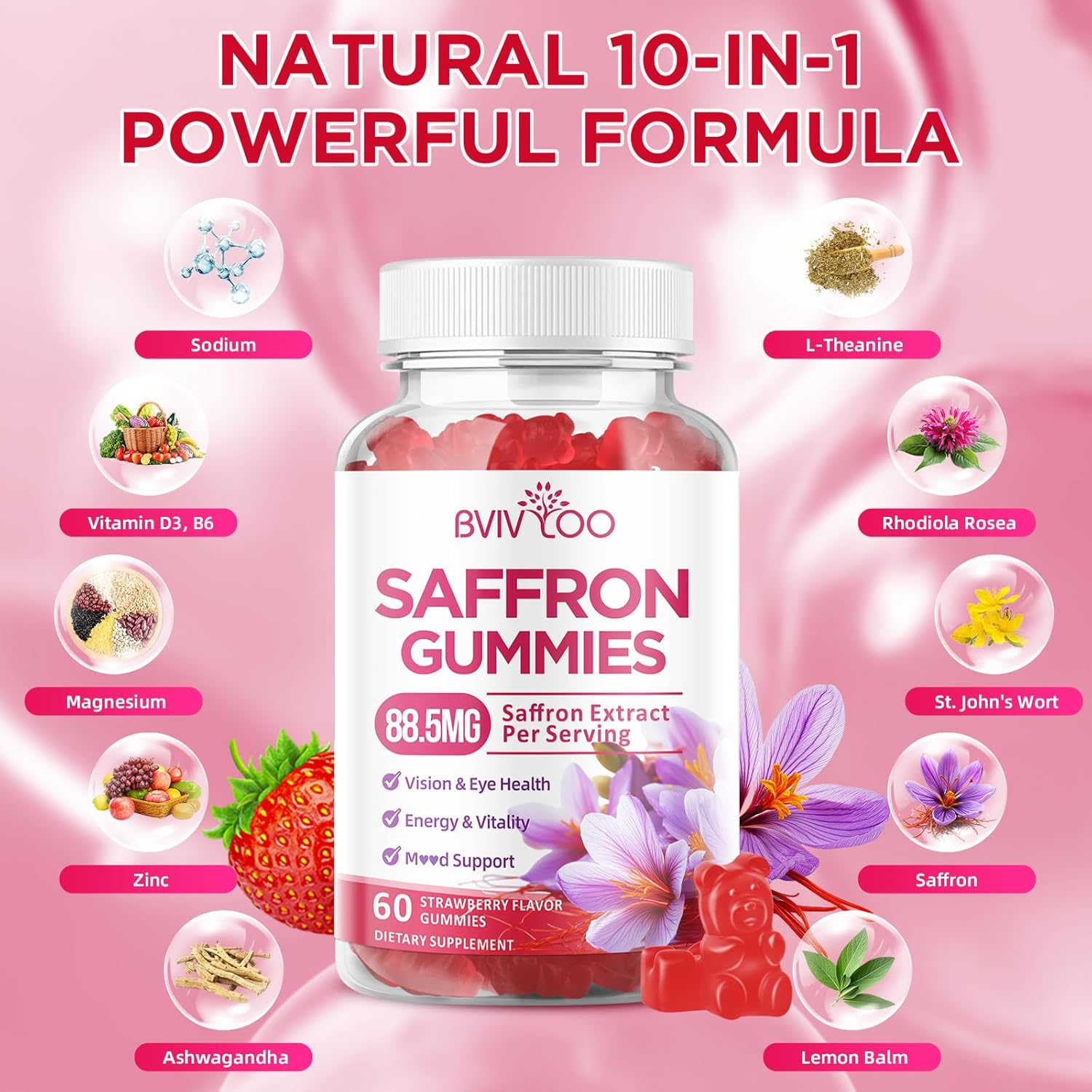 Saffron Gummies for Adult Kids, 10-IN-1 Formula with Saffron 88.5mg, Vitamins D3 & B6, Magnesium, Zinc, Ashwagandha, L-Theanine, St. John's Wort - Supports Mood & Focus, Strawberry Flavor, 60 Count - Image 4