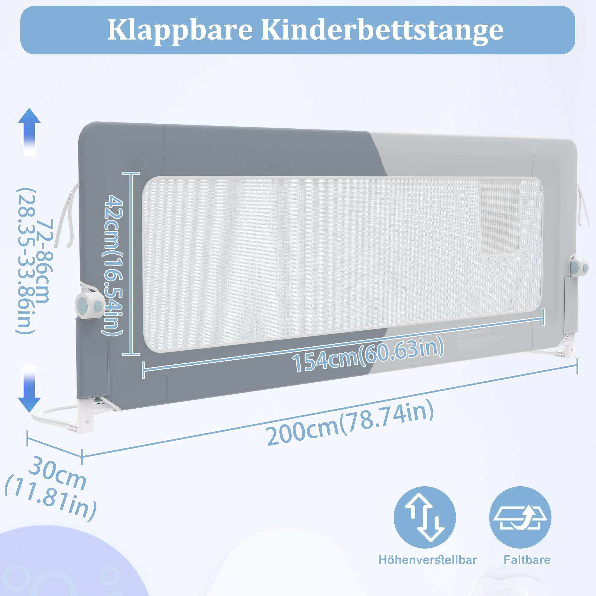 XMTECH Barierka ochronna do łóżeczka dla dzieci, 200 cm, ochrona przed wypadnięciem, składana, przenośna, barierka dla małych dzieci, w wieku 18-5 lat, ciemnoszara + jasnoszara