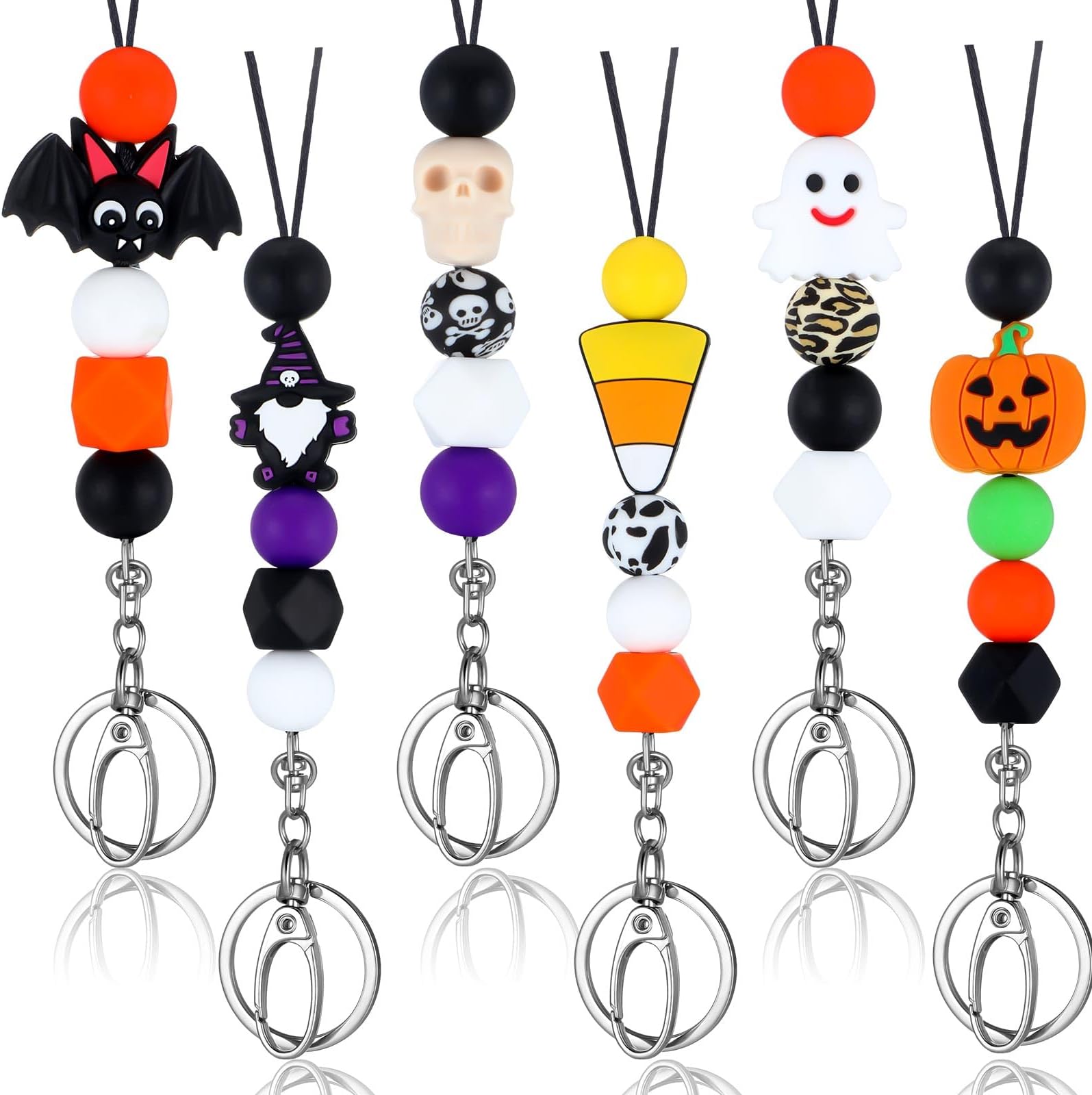 6 Pcs Bead Retractable Lanyards ID Badges and Keys Cute Silicone Beaded Lanyard Breakaway Teacher Lanyard Necklace with Metal Keychain Clasp for Women Teacher Nurse Girls Kids Students (Halloween)