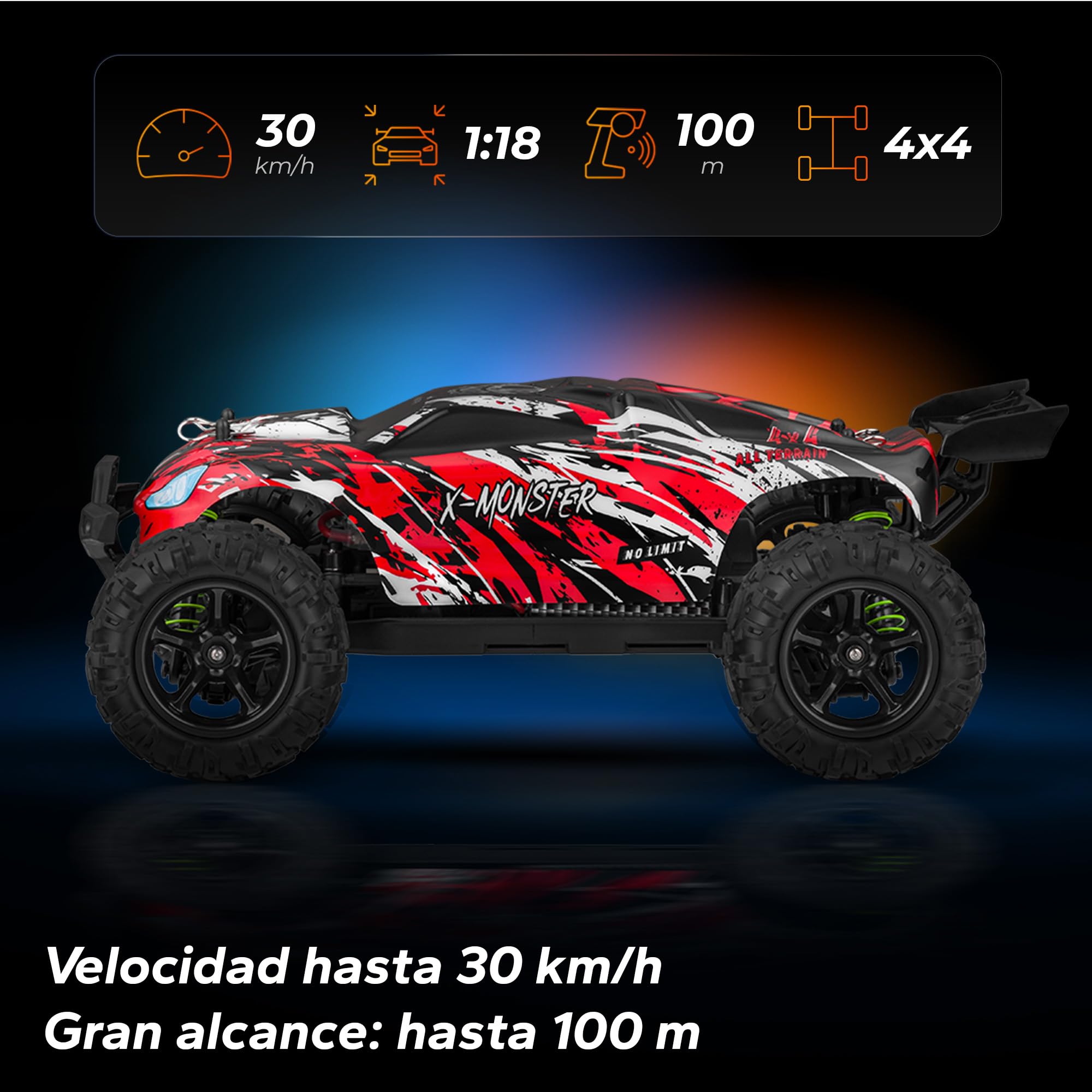 Overmax X-Monster Truck RC Coche teledirigido 45 km/h, 1:18, 2 baterías, 4 Ruedas, Alcance de 100 m, Control Remoto Mejorado