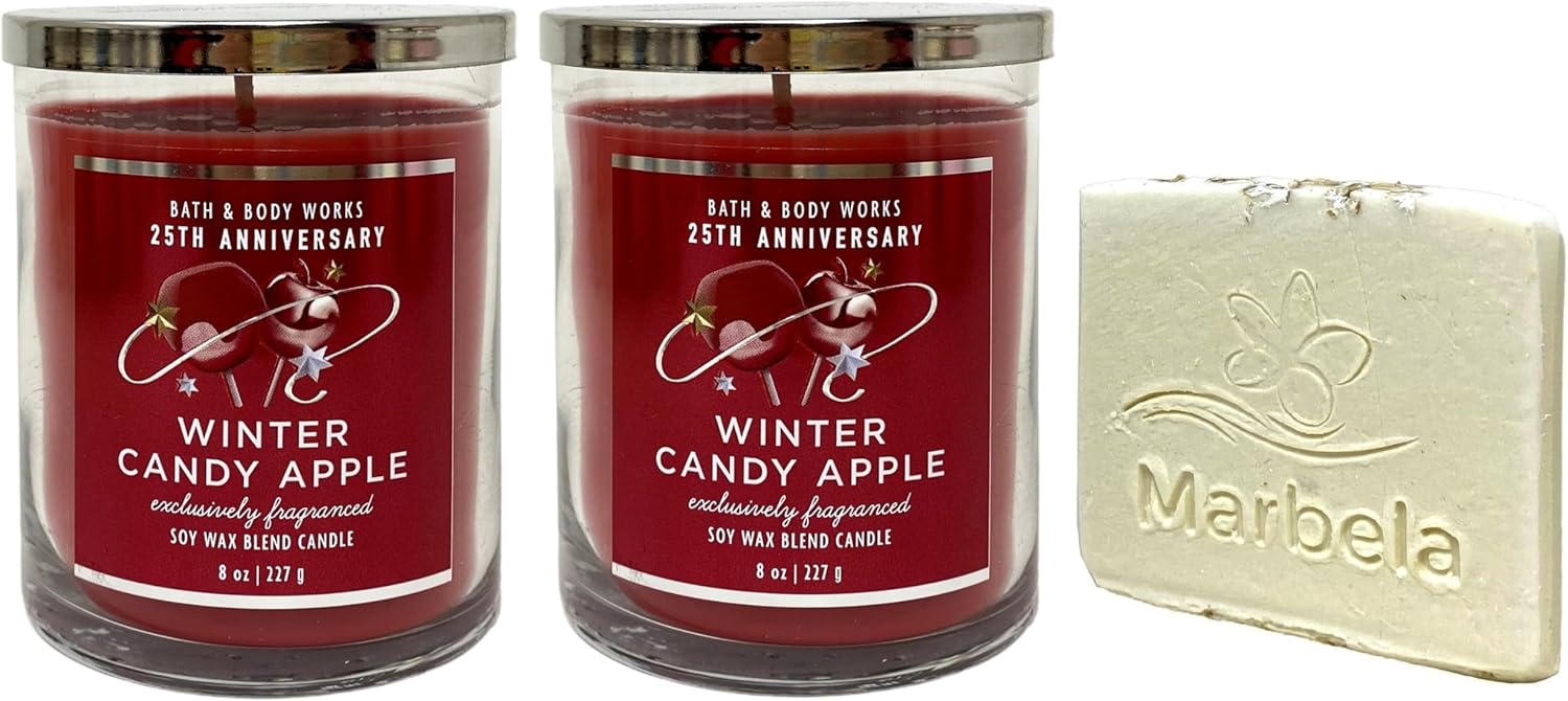 Bath & Body Works Winter Candy Apple 2 Piece Single Wick Candle Set with a Natural Oats Sample Soap