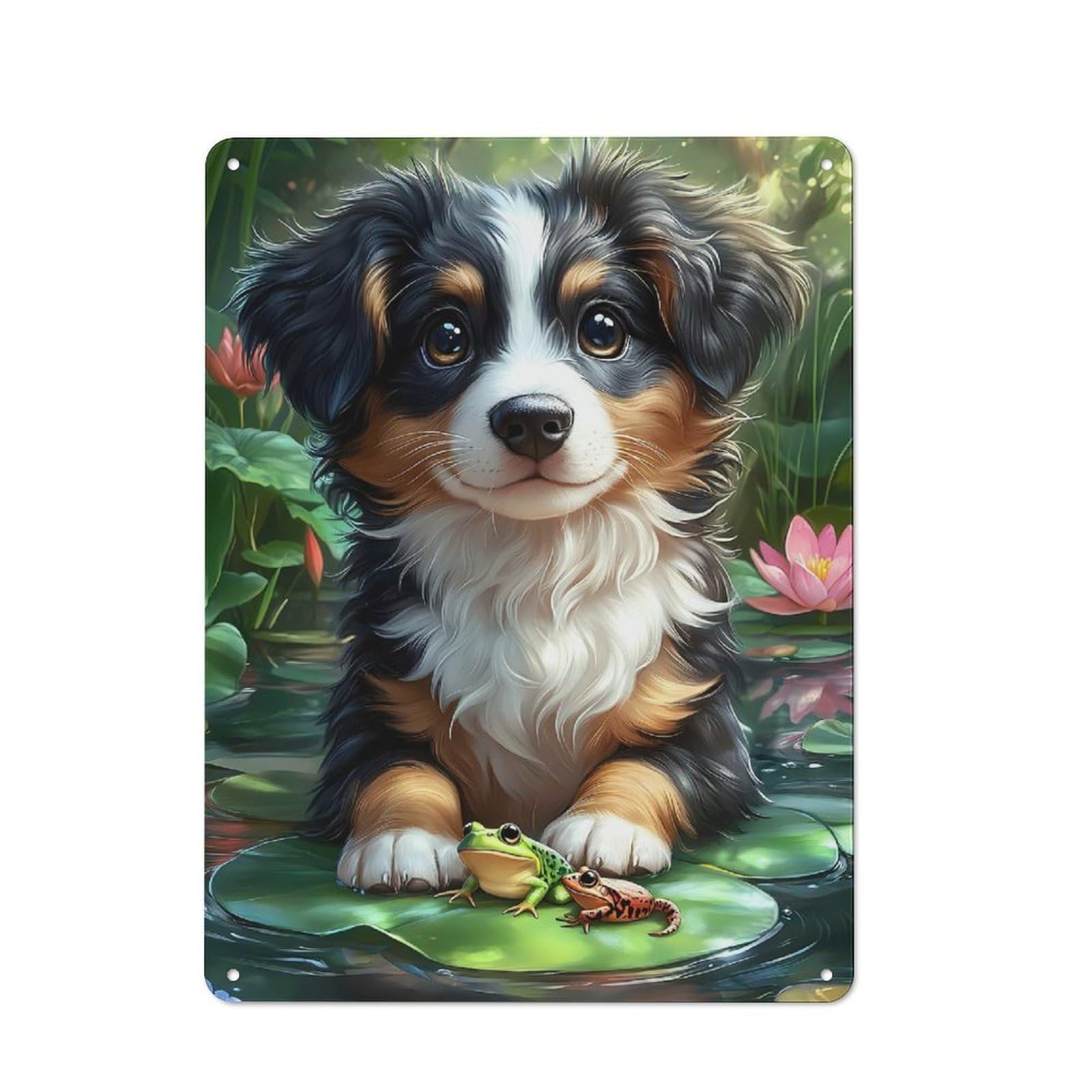 Cute Puppy with Frogs in Pond Character Metal Wall Decor 40x30cm, Vintage Metal Sign for Home, Shop, Pub Or Studio Wall